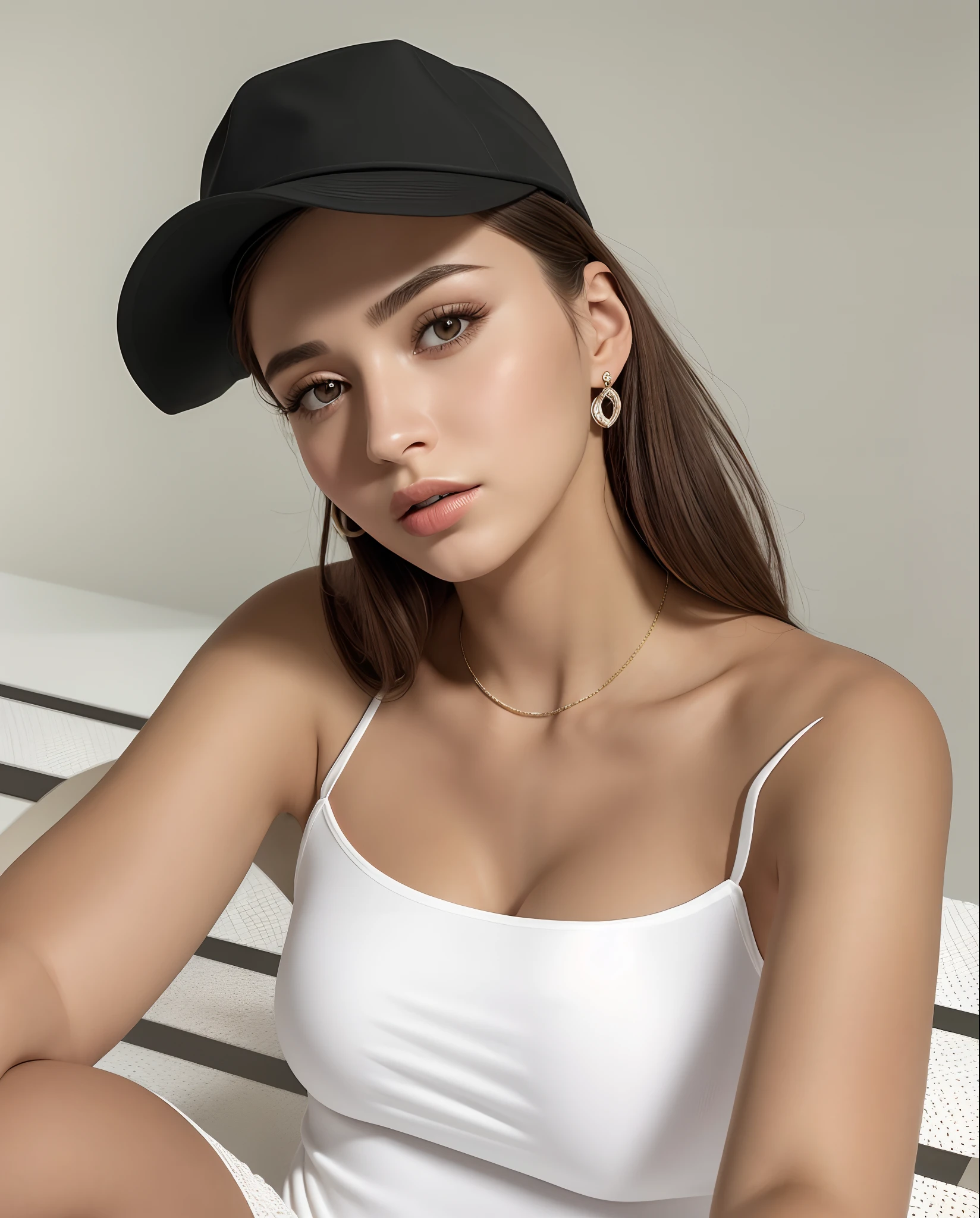 Arafed woman in a white tank top and black hat, Retrato Sophie Mudd, Modelo do Instagram, with hat, she is wearing a black tank top, wearing a chocker and cute hat, Emily Ratajkowski, Angelina Stroganova, Viktoria Gavrilenko, olivia culpo, rosto e corpo atraentes, Parece Laura Barriales, fotografia realista, fotografia, obra-prima, realista, Realismo, renderizado, Alto contraste, Arte Digital, fotográficorealista, trend in Artstation 8k HD, high definiton, circunstanciado, Realistic, detalhada, textura da pele, hiperdetalhada, Textura realista da pele, melhor qualidade, ultra high-resolution, (fotografia realista: 1.4), alta resolução, detalhada, fotografia crua, sharp resolution, Nikon D850 filmes, fotografia de stock 4, Kodak Portra 400 Camera F1 Lens.6, textura hiper realista, lighting dramatic, Unrealistic trend in Artstation Cinestill 800, .RAW.