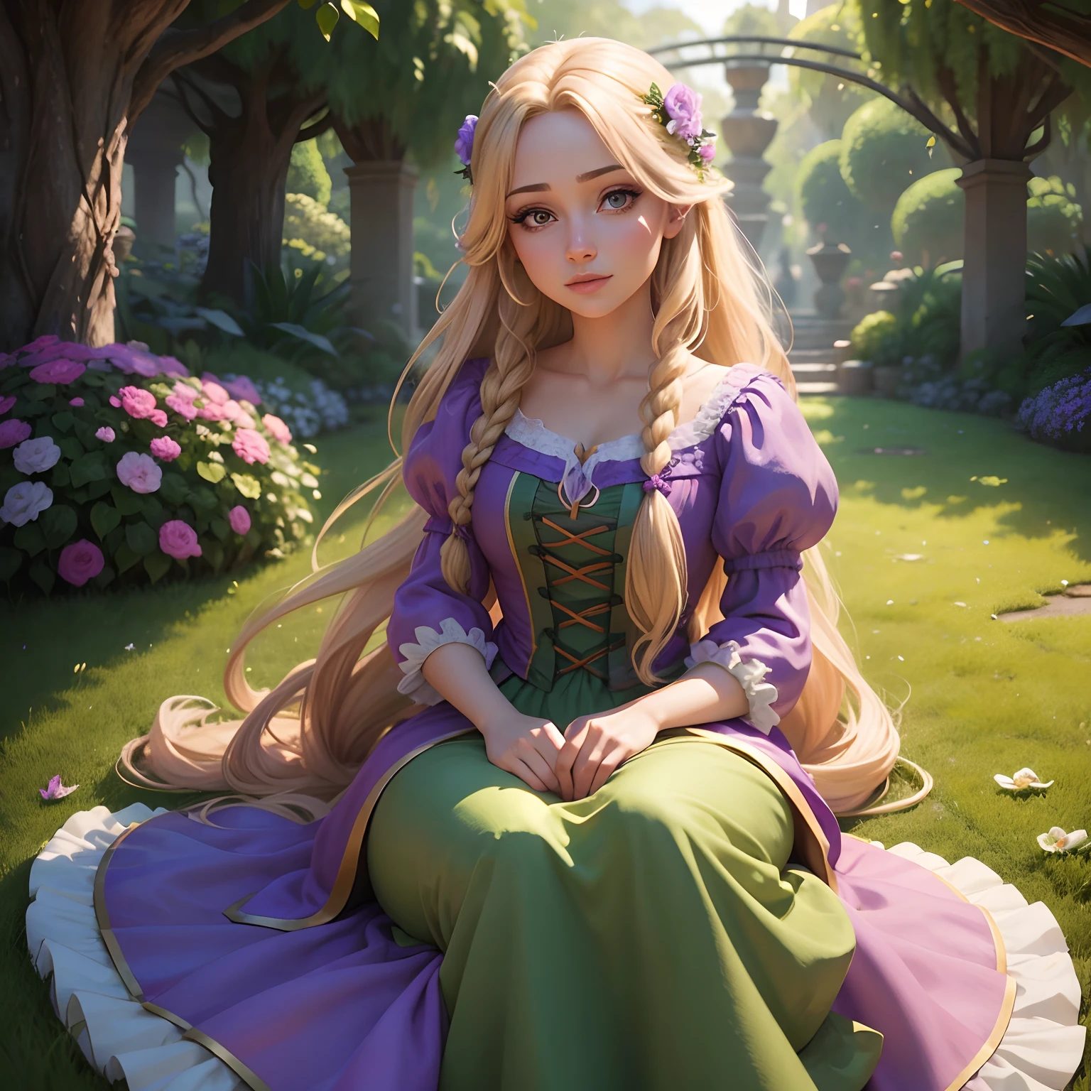 Rapunzel em um jardim encantado, desenho Disney, olhos realistas, great quality, super realista, hiper detalhado, 10K.