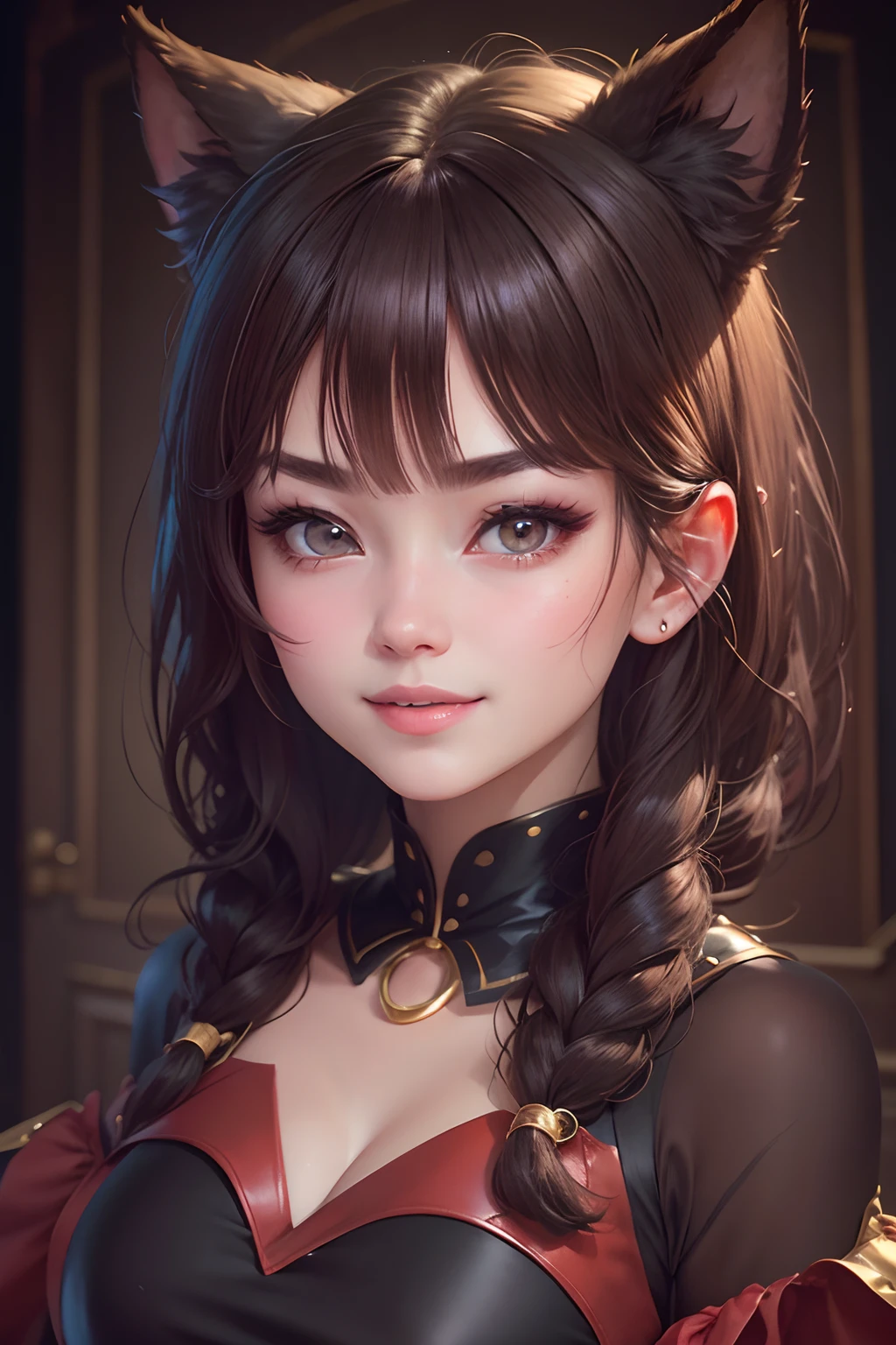brunette color hair、whair、wince、long eyelasher、Solid round eyes、fakeanimalears、Light smile、Ear blush、fang、cleavage、ultra-realistic realism、shadowing、anaglyph、stereograms、Standing painting、pov、atmosphric perspective、8k、super detailing、precise, Best quality at best