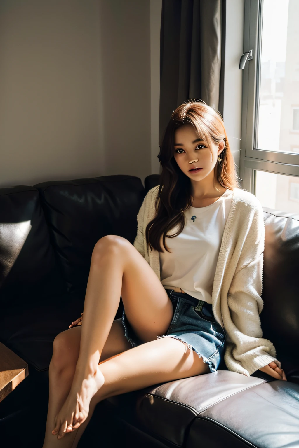 1girll,Sit on a comfortable sofa,Cross ed leg,Soft light