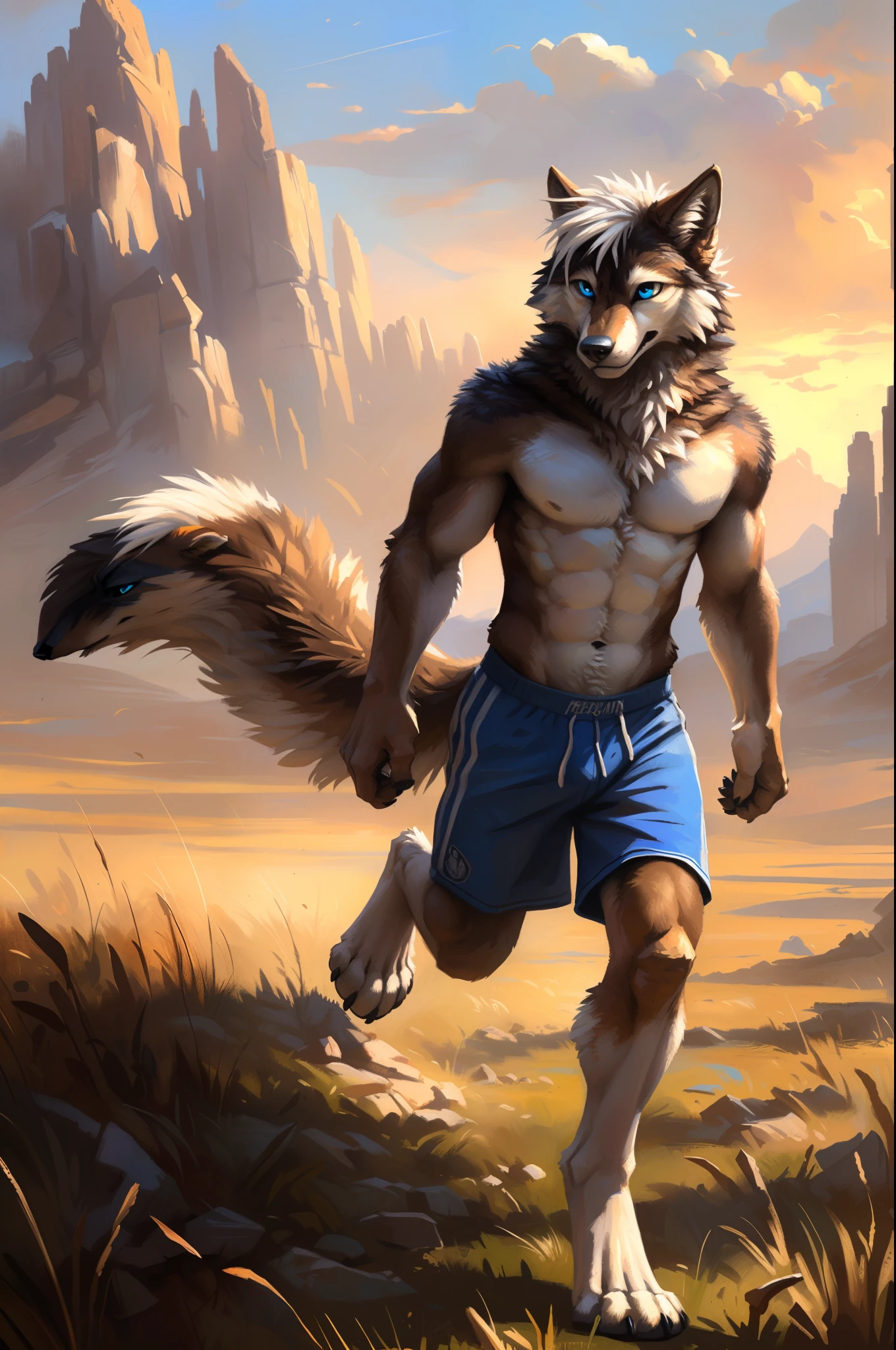 ((Solo)), male people, anthro wolf, (Multi-colored fur, White-brown:1.3), ((Wolf face, White hair, Big eyes, White eyelids, Blue pupil, Slim:1.2) (Tough, Calm expression:1.2)), Abs, Slim, pinging)), (Correct anatomy), (Work shorts:1.1), (Contour bone:1.2), The upper body is naked, (detailed outfits),A big tail,Feet,(Realistic fur, Detailed fur texture, labeled:1.3)), (Natural lighting), Photorealistic, Hyperrealistic, ultradetailed, by Kenket,Endless grasslands,No buildings,Running on