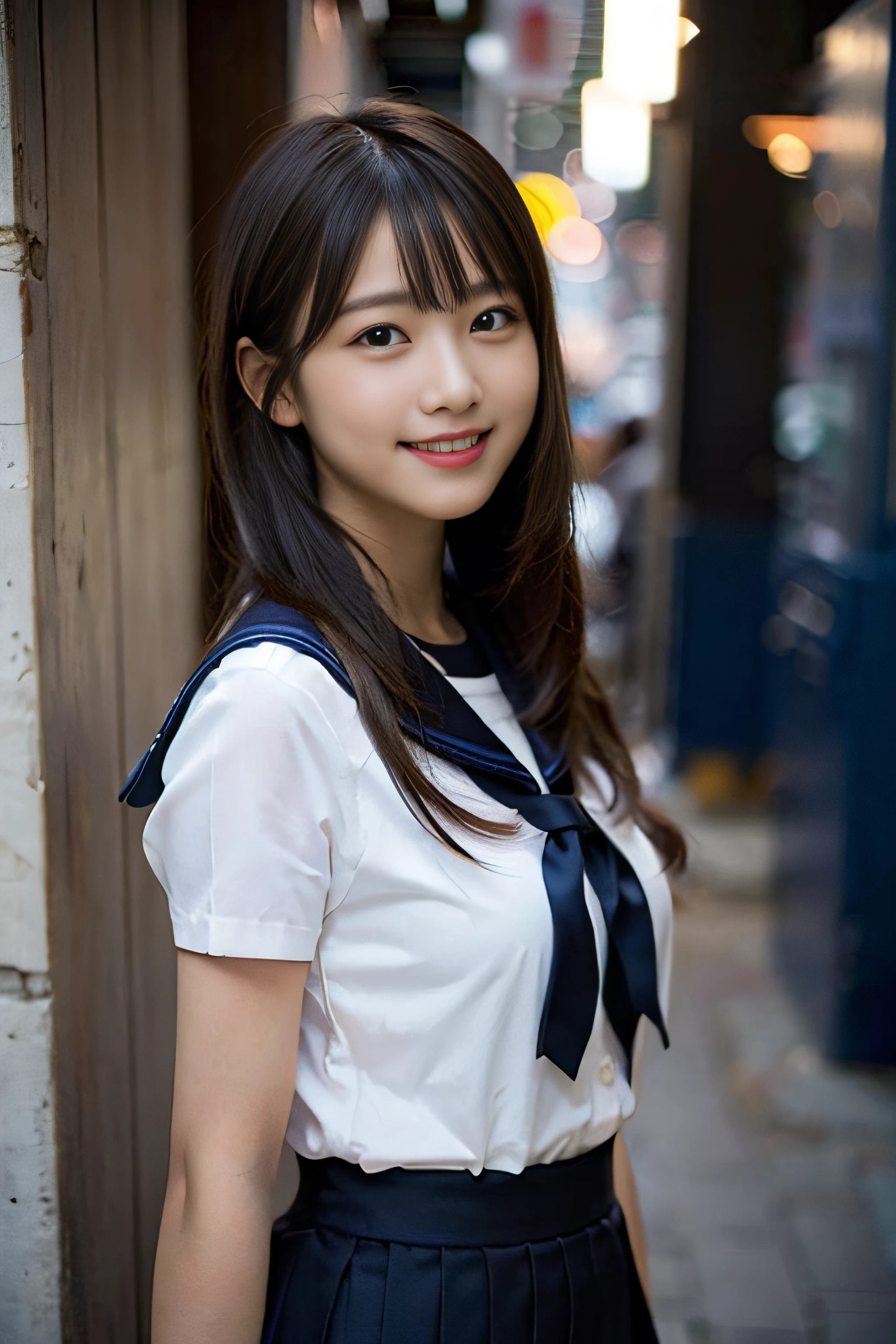 (8K、Raw photography、top-quality、masterpiece:1.2)、(realisitic、Photorealsitic:1.37)、ultra-detailliert、超A high resolution、女の子1人、see the beholder、beautifull detailed face、A smile、Constriction、(Slim waist) :1.3)、Beautiful detailed skin、Skin Texture、Floating hair、Professional Lighting、Whole human body、Longhaire、a blond、japanese hight school uniform、hi-school girl、a sailor suit、Bob Hair、University、Happy smile、E Cup Breast、15yo student、Dark blue skirt、white thighhig、school hallway、Underwear can see through
