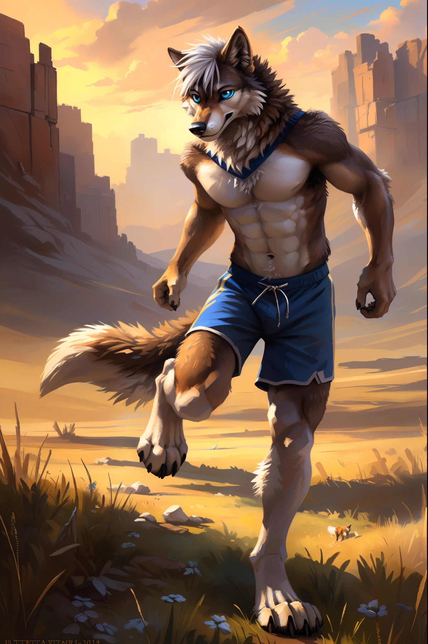 ((Solo)), male people, anthro wolf, (Multi-colored fur, White-brown:1.3), ((Wolf face, White hair, Big eyes, White eyelids, Blue pupil, Slim:1.2) (Tough, Calm expression:1.2)), Abs, Slim, pinging)), (Correct anatomy), (Work shorts:1.1), (Contour bone:1.2), The upper body is naked, (detailed outfits),A big tail,Feet,(Realistic fur, Detailed fur texture, labeled:1.3)), (Natural lighting), Photorealistic, Hyperrealistic, ultradetailed, by Kenket,Endless grasslands,No buildings,Running on
