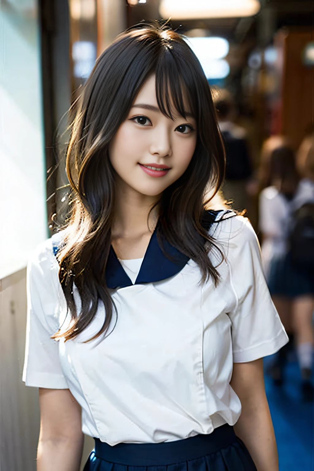 (8K、Raw photography、top-quality、masterpiece:1.2)、(realisitic、Photorealsitic:1.37)、ultra-detailliert、超A high resolution、女の子1人、see the beholder、beautifull detailed face、A smile、Constriction、(Slim waist) :1.3)、Beautiful detailed skin、Skin Texture、Floating hair、Professional Lighting、Whole human body、Longhaire、a blond、japanese hight school uniform、hi-school girl、a sailor suit、Bob Hair、University、Happy smile、E Cup Breast、15yo student、Dark blue skirt、white thighhig、school hallway、Underwear can see through