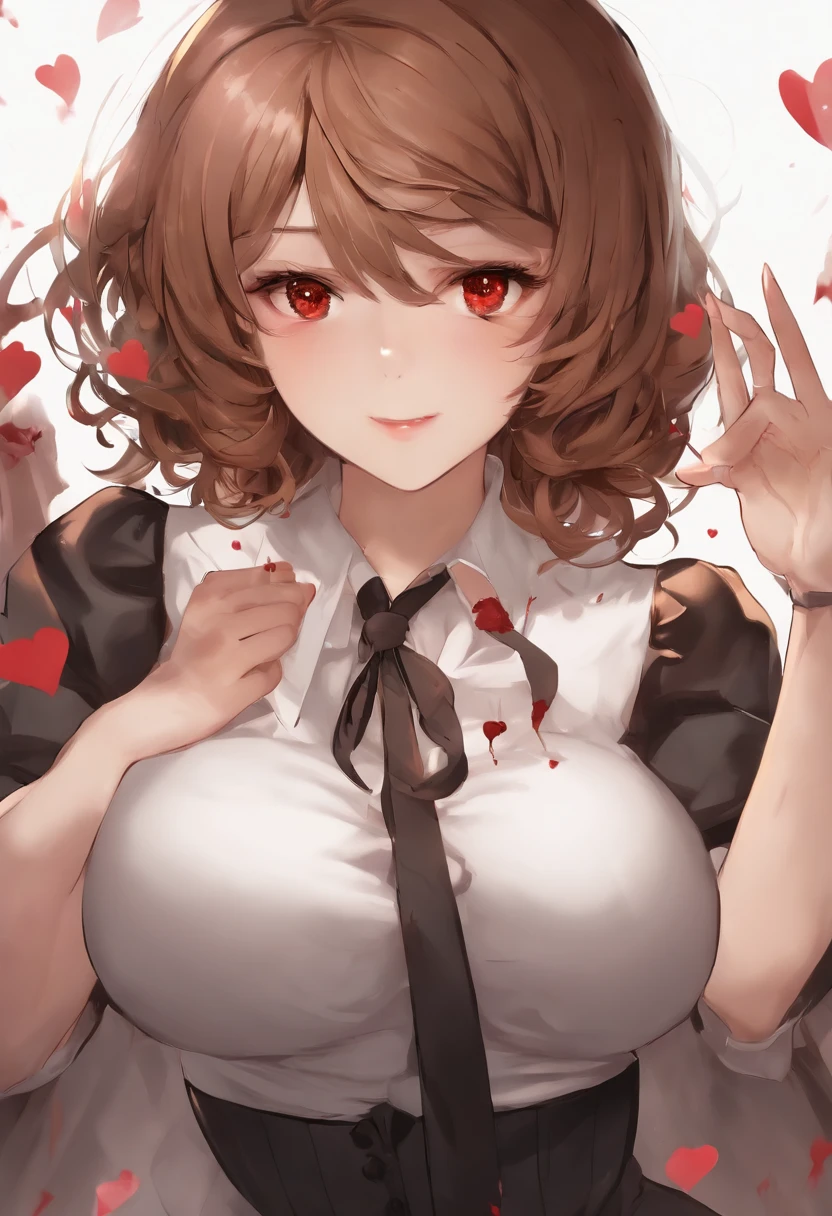 Heart-shaped pupils,(sfv), (Masterpiece:1.2), Best quality, Masterpiece, A high resolution, Original, extremelydetailedwallpaper, (Ultra-detailed), (Best Illustration), (Best shadow), (kobeni), Big breasts, lively breasts, (White collared shirt), (blood stain:1.1), (horrified:1.2), (black necktie), (Shirt stains), (Stained), 1girll, view the viewer, (Scared:1.2), (Tears:1.1), (Brown eyes), (peace signs),Tongue out, Tongue stock, Heart-shaped pupils