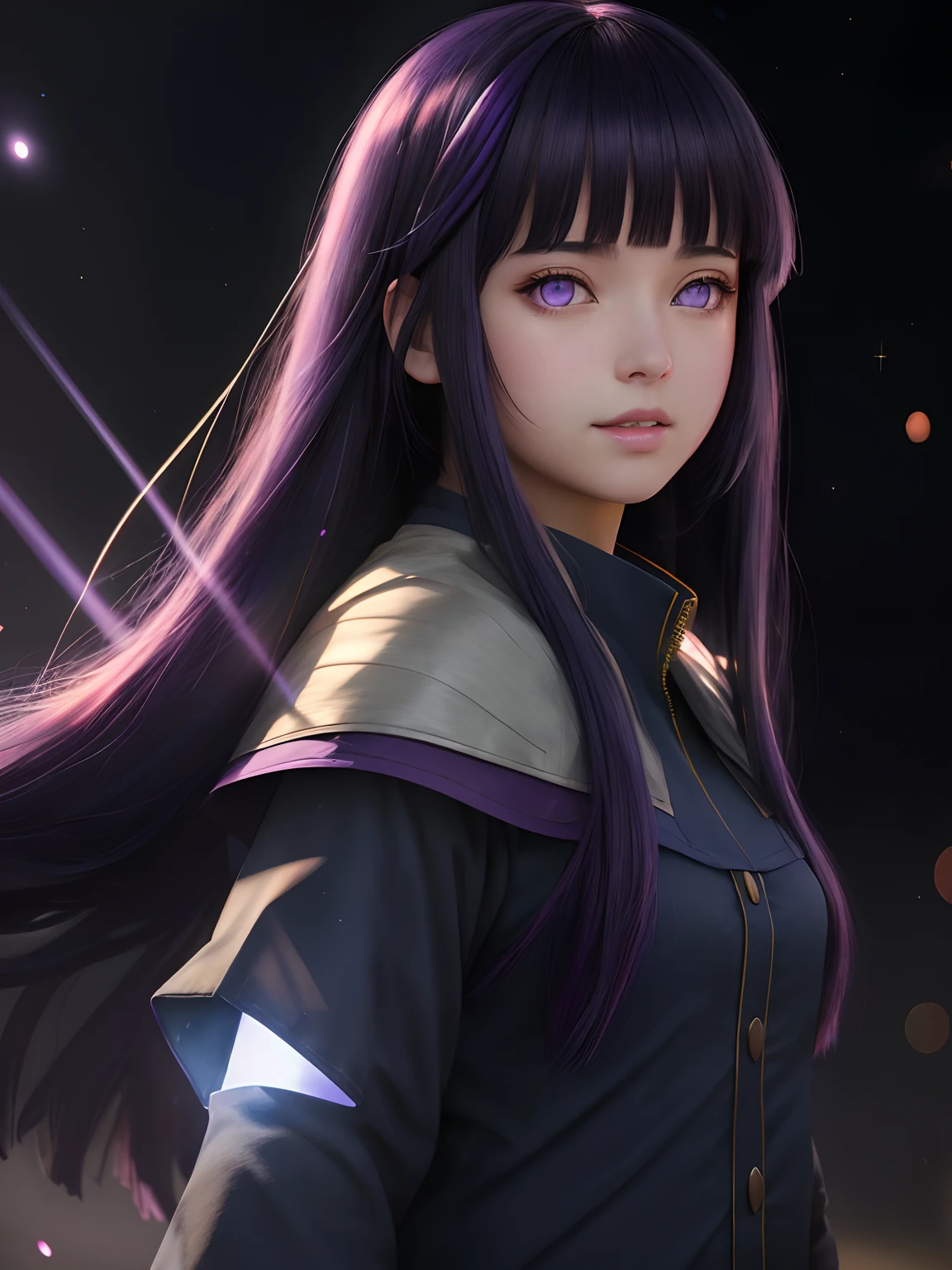 (best quality, masterpiece:1.2),ultra detailed,(photo realistic:1.4),solo,cute girl,(colorful illumination:1.1),light_particles, summon,on hand,luminescence_circle_background,Blunt Bangs, purple eyes, long dark blue hair