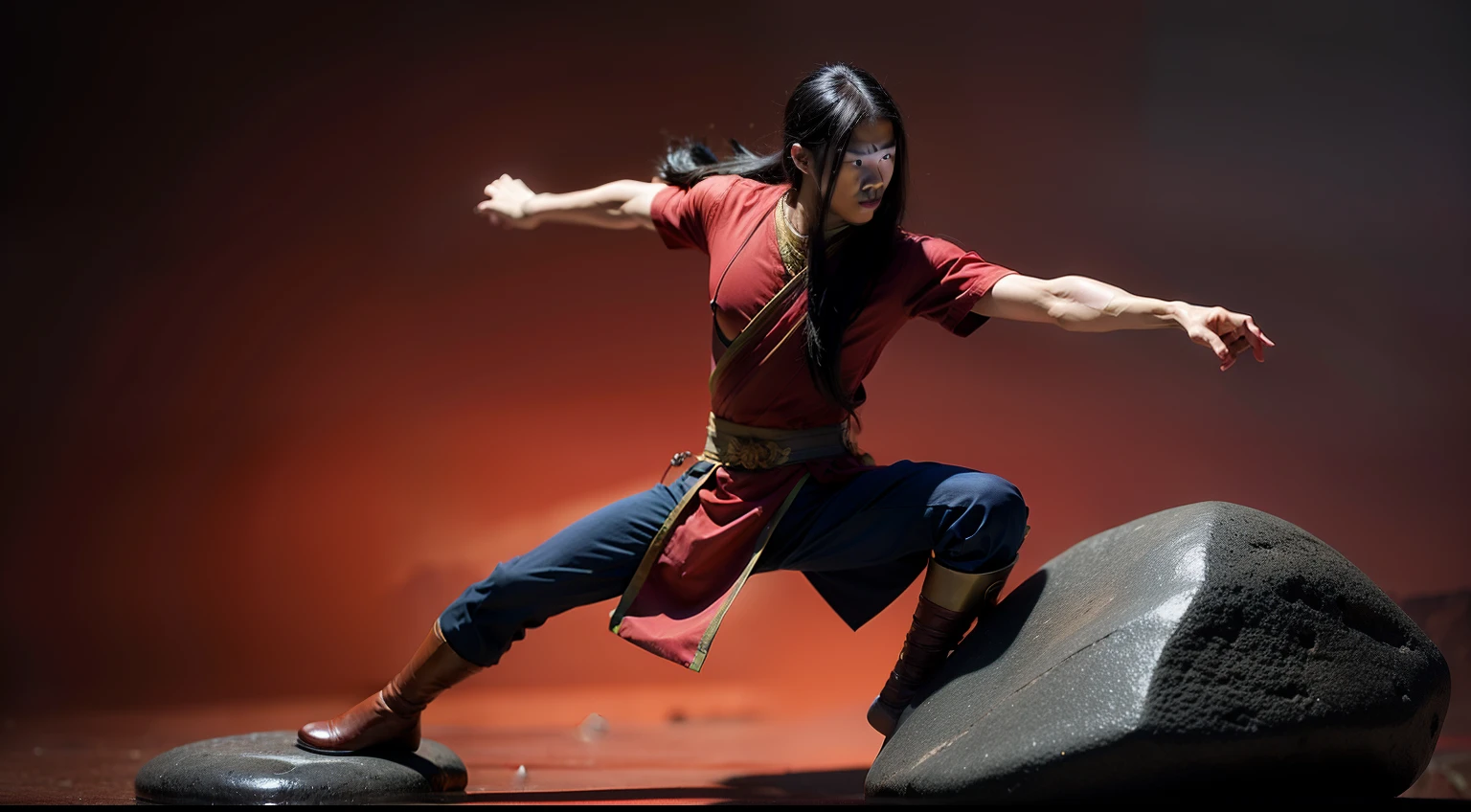 asian man that forward facing with long hair, full body, arm spread and red background with rocks from avatar the last air bender