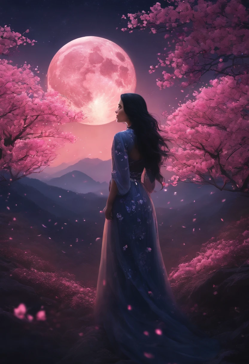 Masterpiece, Best quality, Night, Mountain, full moon, Long black hair, woman, Firefly, stars, Mysterious cherry blossom trees, Pink leaves, High quality, Beautiful graphics, High detail