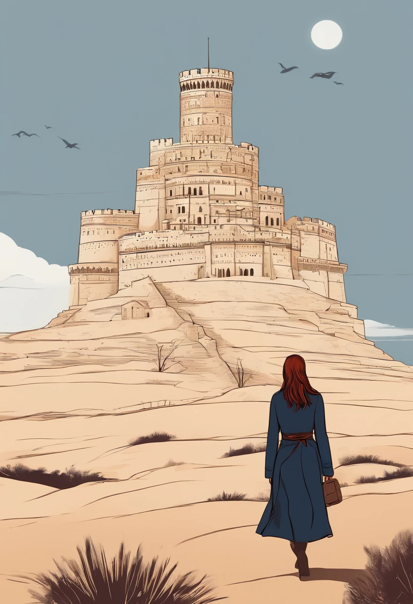 Masterpiece, illustration, ((Huge giant military Tower of Babel fortress，Made of carved stone，Standing on remote desert land)), (Babel Tower), the pale blue sky, Sunlight, Heavy fog, black shadows, Black grass with stone, Uninhabitable, barren land, Nature, (Mountains), unsaturated, (A young girl in a dark blue coat stood in the distance and walked towards the castle), Medium length red hair, moscow, urss, (Black Dragon，Red eyes glow，Fly over the fortress)