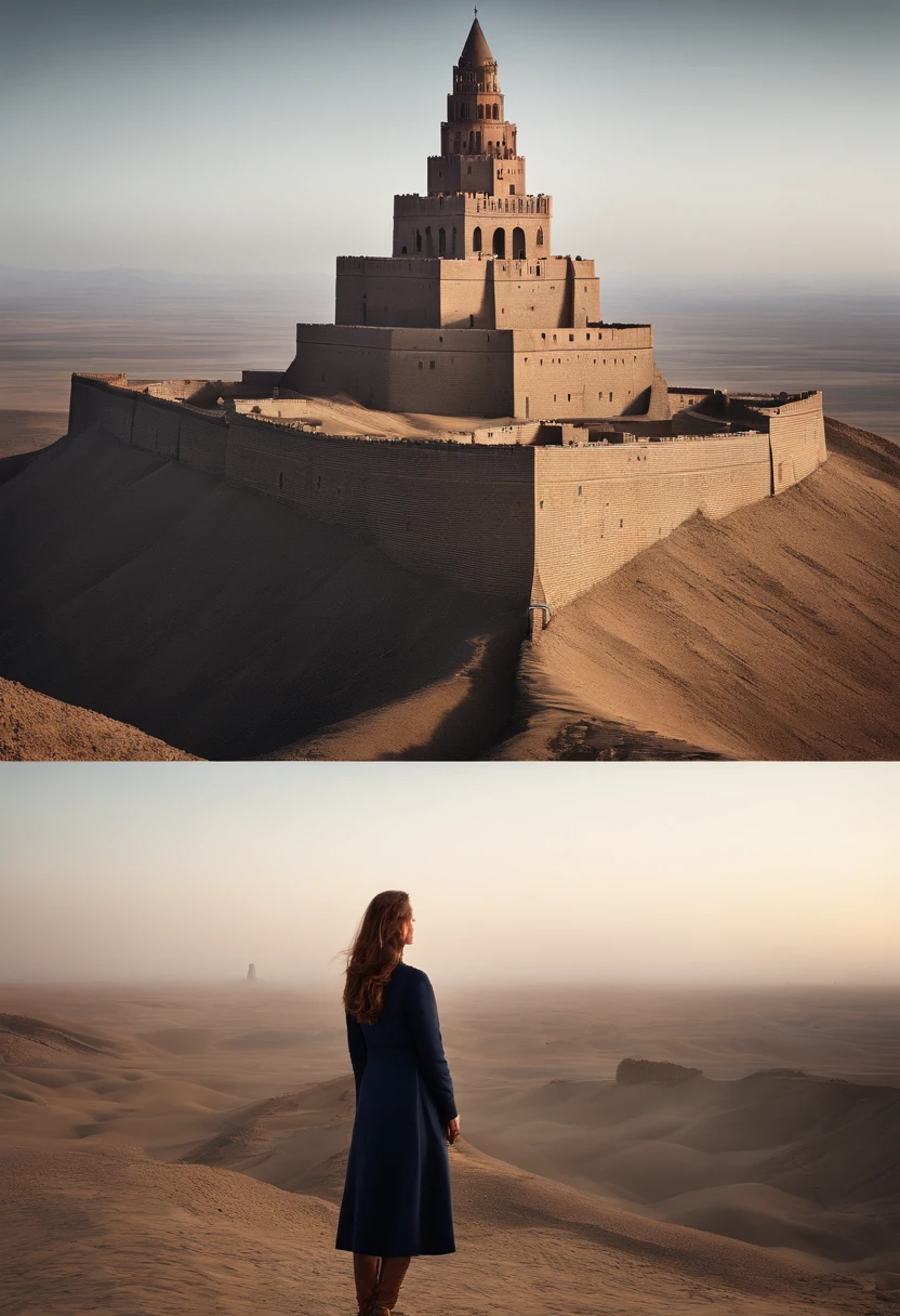 Masterpiece, illustration, ((Huge giant military Tower of Babel fortress,Made of carved stone,Standing on remote desert land)), (Babel Tower), the pale blue sky, Sunlight, Heavy fog, black shadows, Black grass with stone, Uninhabitable, barren land, Nature, (Mountains), unsaturated, (A young girl in a dark blue coat stood in the distance and walked towards the castle), Medium length red hair, moscow, urss, (Black Dragon,Red eyes glow,Fly over the fortress)