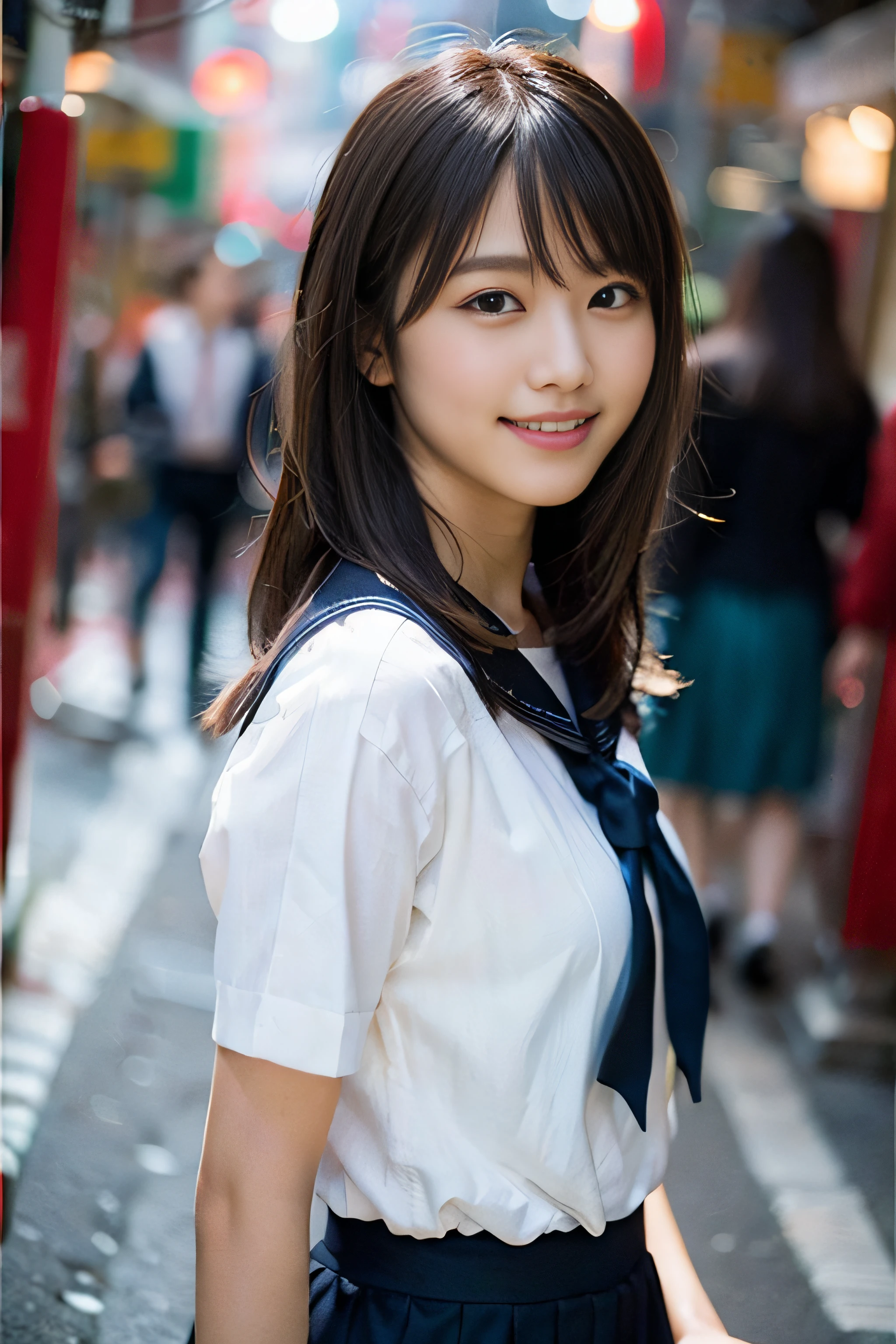 (8K、Raw photography、top-quality、masterpiece:1.2)、(realisitic、Photorealsitic:1.37)、ultra-detailliert、超A high resolution、女の子1人、see the beholder、beautifull detailed face、A smile、Constriction、(Slim waist) :1.3)、Beautiful detailed skin、Skin Texture、Floating hair、Professional Lighting、Whole human body、Longhaire、a blond、japanese hight school uniform、a sailor suit、In the street、natta、Neon Street、Urban in Asia、Bob Hair、Happy smile