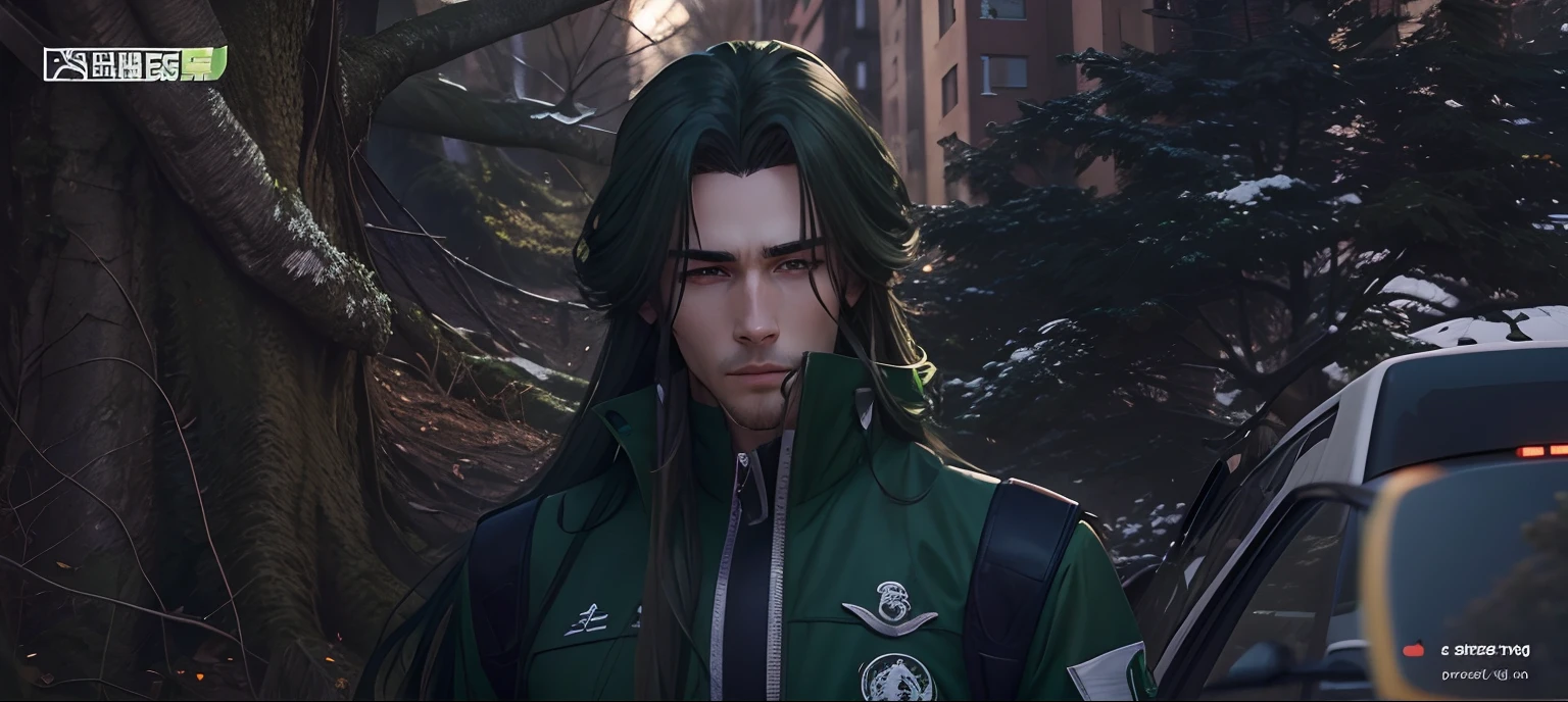 long hair man, in green jacket, selfie, under the tree, realistic, detailed face. anime character, realistic,