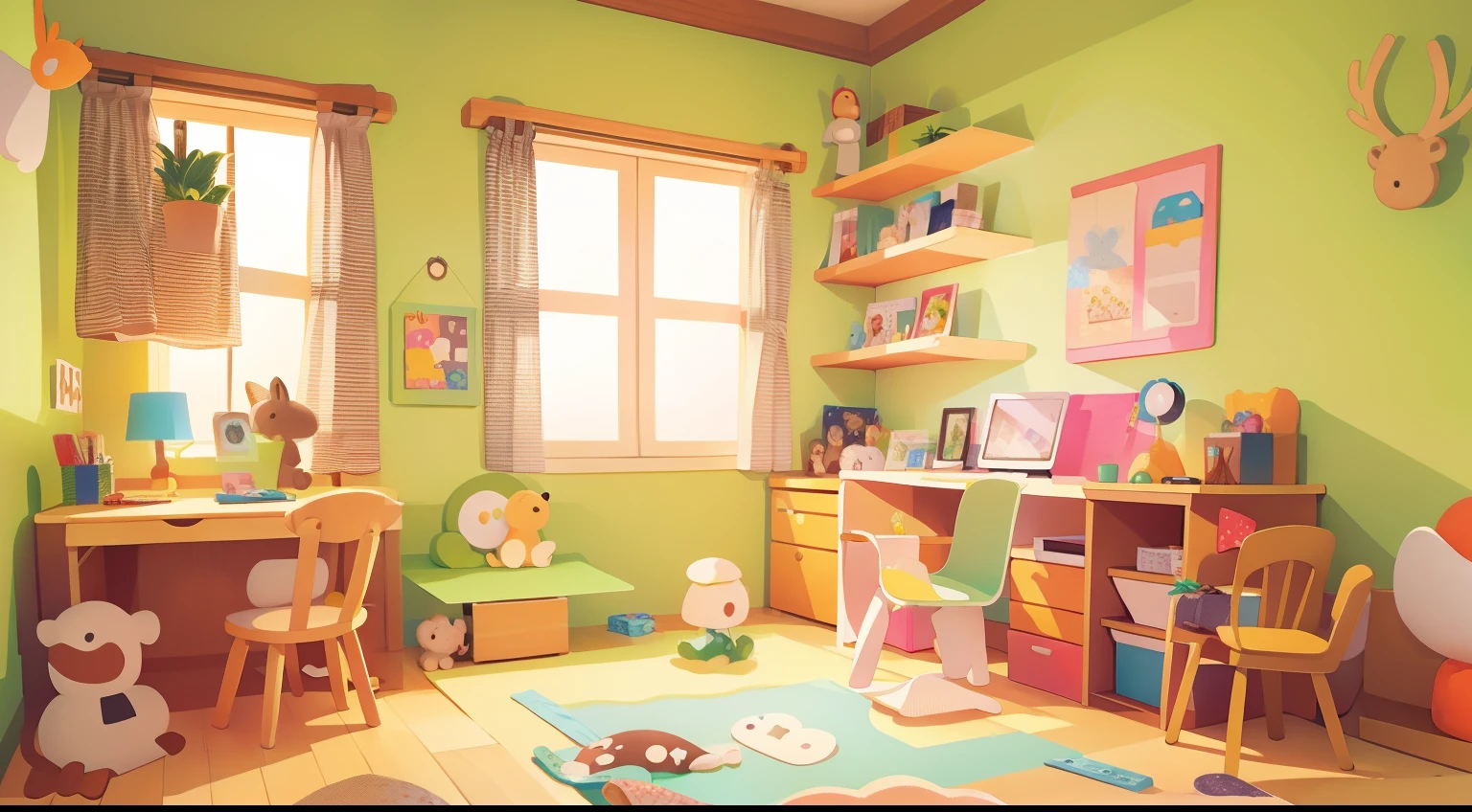 Model Room、No person、Stable composition、eye view、childs room、Small desk、Small cabinet、plushies、Natural Color