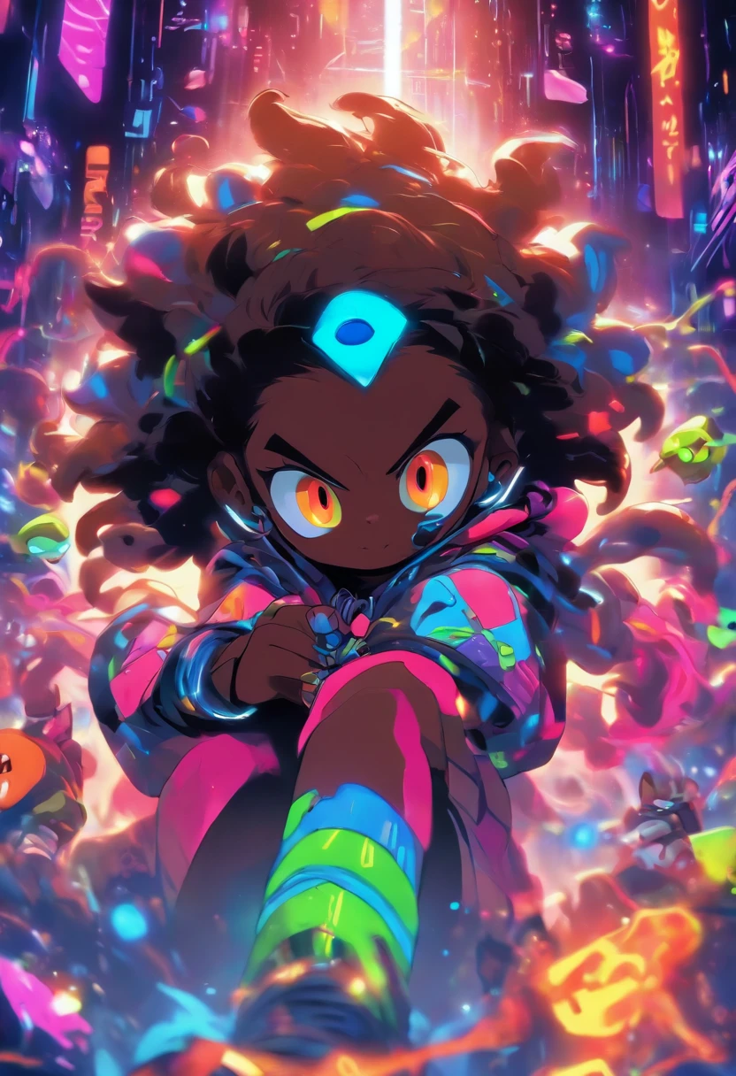 pixarstyle Monster Boy, Caramel Brown skin Black boy moor, Bald Hairstyle, Streetwear, Full Slime Body, colors neon, risa loca, malvada ,A digital window floating in cyber space and an operator woman sitting on a chair floating in space, operating the window floating around her. A beautiful face and brightly colored shining eyes. She wears a fancy hoodie with a hood and headphones. The lights of the digital window faintly illuminate the dark electronic space. The painting is detailed and well-drawn. Vivid colors. High image quality.