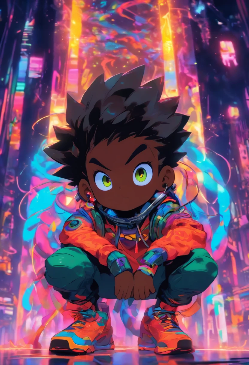 pixarstyle Monster Boy, Caramel Brown skin Black boy moor, Bald Hairstyle, Streetwear, Full Slime Body, colors neon, risa loca, malvada ,A digital window floating in cyber space and an operator woman sitting on a chair floating in space, operating the window floating around her. A beautiful face and brightly colored shining eyes. She wears a fancy hoodie with a hood and headphones. The lights of the digital window faintly illuminate the dark electronic space. The painting is detailed and well-drawn. Vivid colors. High image quality.