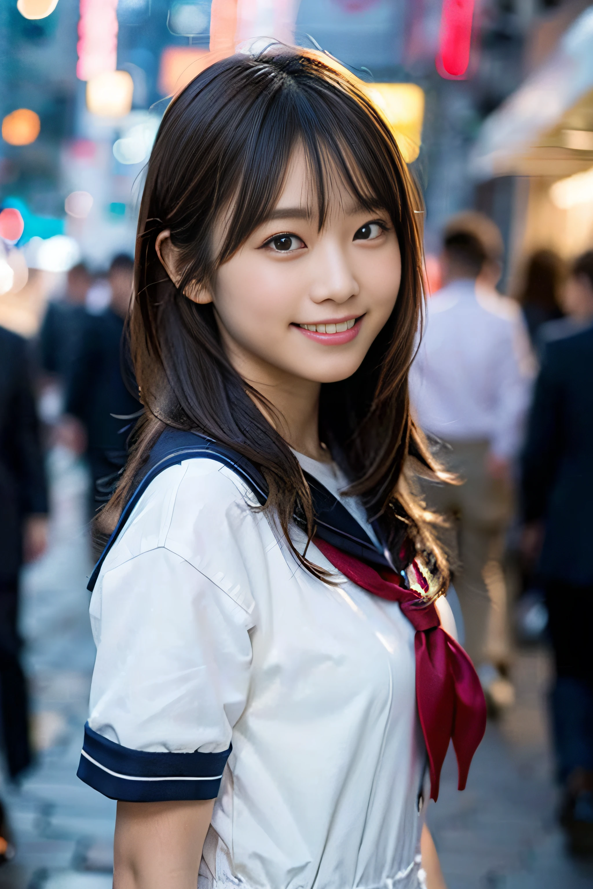 (8K、Raw photography、top-quality、masterpiece:1.2)、(realisitic、Photorealsitic:1.37)、ultra-detailliert、超A high resolution、女の子1人、see the beholder、beautifull detailed face、A smile、Constriction、(Slim waist) :1.3)、Beautiful detailed skin、Skin Texture、Floating hair、Professional Lighting、Whole human body、Longhaire、a blond、japanese hight school uniform、a sailor suit、In the street、natta、Neon Street、Urban in Asia、Bob Hair、Happy smile