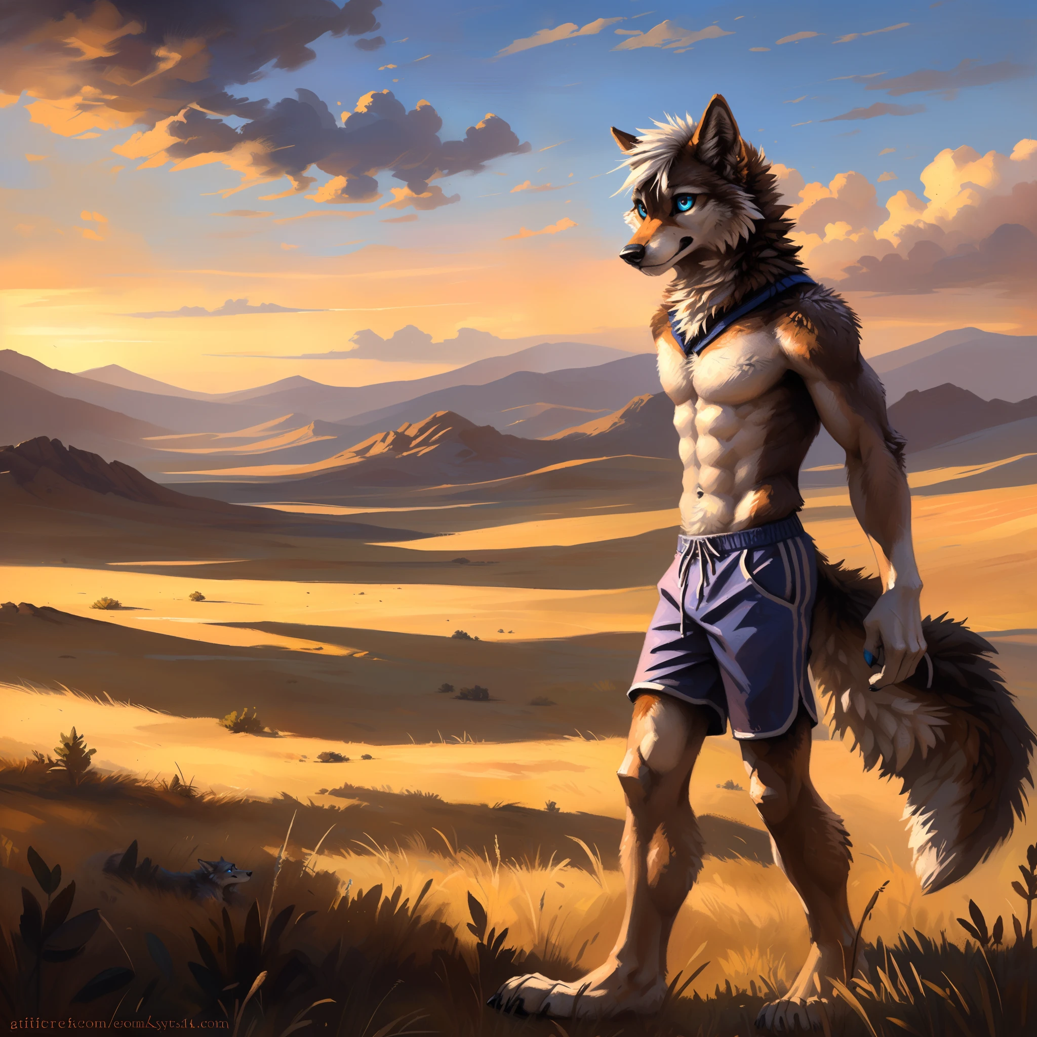 ((Solo)), male people, anthro wolf, (Multi-colored fur, White-brown:1.3), ((Wolf face, White hair, Big eyes, White eyelids, Blue pupil, Slim:1.2) (Tough, Calm expression:1.2)), Abs, Slim, pinging)), (Correct anatomy), (Work shorts:1.1), (Contour bone:1.2), The upper body is naked, (detailed outfits),A big tail,Feet,(Realistic fur, Detailed fur texture, labeled:1.3)), (Natural lighting), Photorealistic, Hyperrealistic, ultradetailed, by Kenket,Endless grasslands,No buildings,erect through