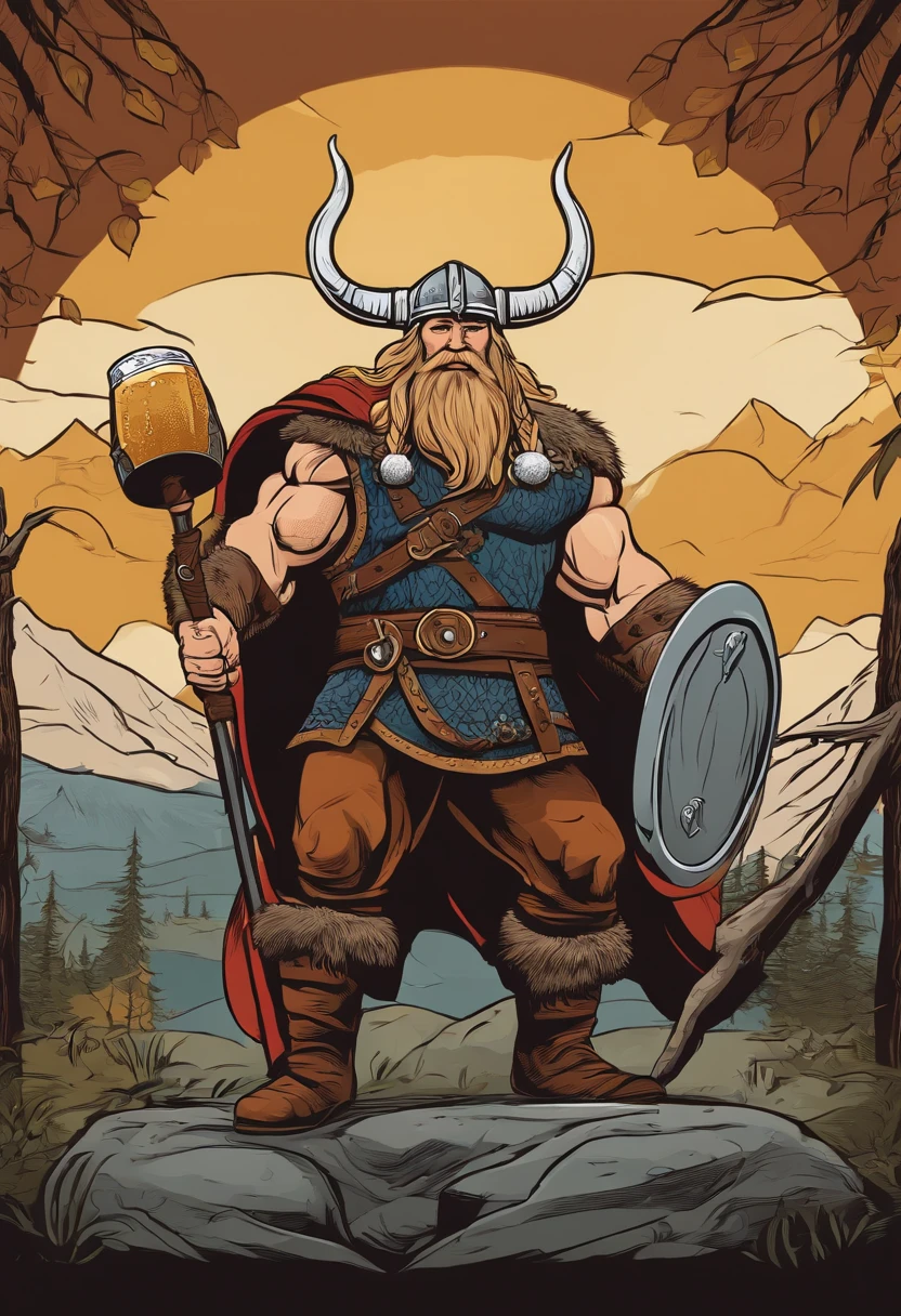 strong viking, drinking a beer, full body, comic book style, vector, thor inspired, no background, charismatic, full body