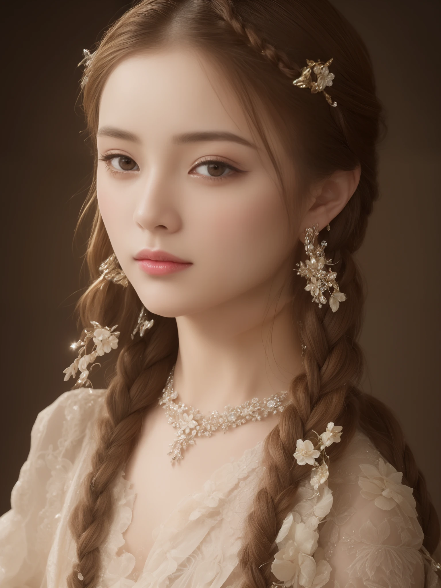 (Ultra-high quality masterpiece，A beautiful bust of a noble maiden，Classical braids，The eyes are shiny and clear，Floral craftsmanship，Crystal jewelry，Ultra-fine details，Soft lighting)