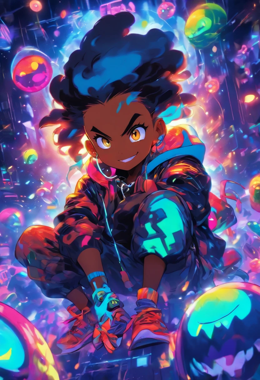 pixarstyle Monster Boy, Caramel Brown skin Black boy moor, Bald Hairstyle, Streetwear, Full Slime Body, colors neon, risa loca, malvada ,A digital window floating in cyber space and an operator woman sitting on a chair floating in space, operating the window floating around her. A beautiful face and brightly colored shining eyes. She wears a fancy hoodie with a hood and headphones. The lights of the digital window faintly illuminate the dark electronic space. The painting is detailed and well-drawn. Vivid colors. High image quality.