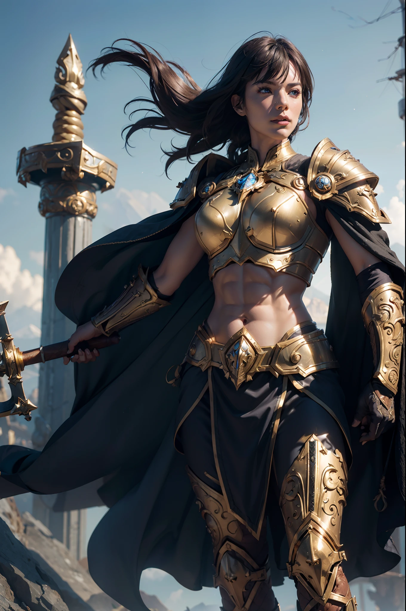 (((Well toned abs))), 8K, Ultra Definition, Mask pieces, of the highest quality, (Very detailed), Dynamic angles, mysterious look, Wind-effect, Fantasy background, Rim lighting, Cinematic lights, Ultra High Resolution, 8K UHD, Film grain, better shadows, Gentle, raw, light Particle, Detailed skin texture, detailed armor texture, Detailed face, Intricate details, super detailed, Bright, Strong, golden armour, (Holding hammer), Slashing, Crushing action, pauldron, Long cape, Fantasy, (Realistic), Shoulder Armor, Convoluted, with an intricate, Perfect Lighting, Watching Viewer, Cinematic lighting, Flying Keywords: Flying, Holy Light, Vibrant, Bangs, Wind, Paladin