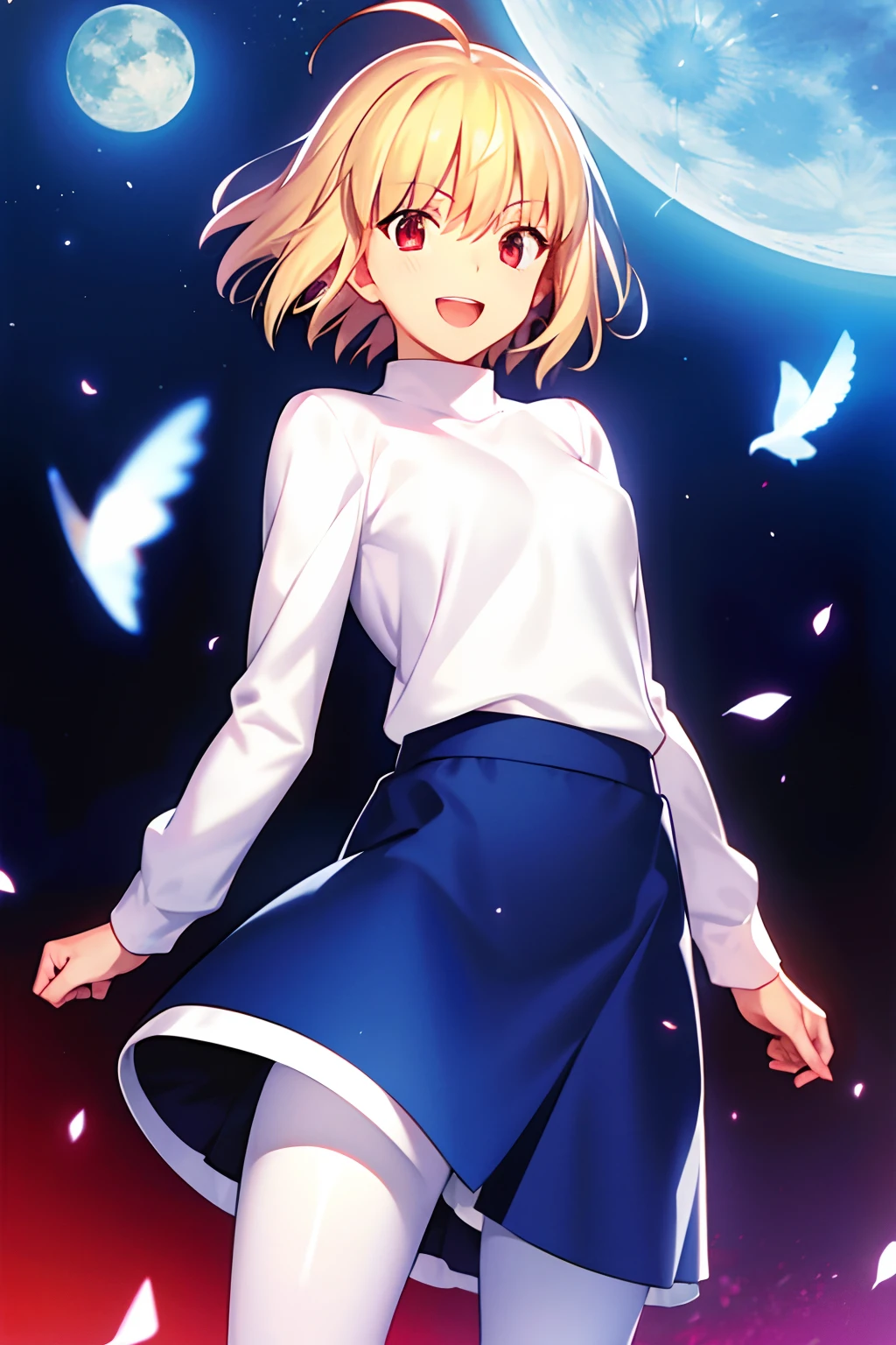 takashi takeuchi、Tsukihime、Alcaide Brunestad、***1人、Ahoge、a blond、a miniskirt、(Blue skirt)、red eyes、short-hair、skirt by the、Smile with open mouth、(独奏)、White sweater、(White turtleneck)、((​masterpiece))、Black pantyhose、a moon