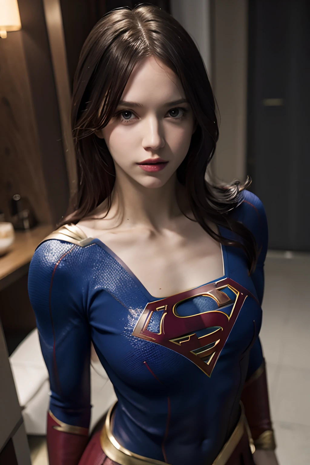 Supergirl,Angelic Face, Innocent look, Red and blue armor, photograph, Soft lighting, Soft details, Octane, Art Station Trends, Ultra high definition, Ultra-realistic, Cinematic, 16K