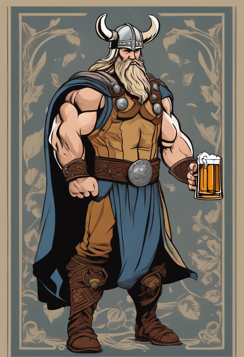 strong viking, drinking a beer, holding a beer mug, full body, comic book style, vector, thor inspired, no background, charismatic, full body, standing
