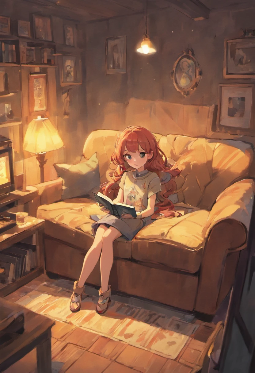 Animation illustration of Anna, a young girl, sitting on a cozy couch with her parents. Anna holds a book on archaeology, while her parents are engrossed in watching TV. The scene is filled with vibrant colors and a whimsical, playful art style. Draw inspiration from animation artists on ArtStation and add a touch of Disney animation magic to the scene.
Camera Shot: Medium shot
Camera Lens: Standard animation lens
View: Front view
Lighting: Soft, warm ambient light
Resolution: High definition