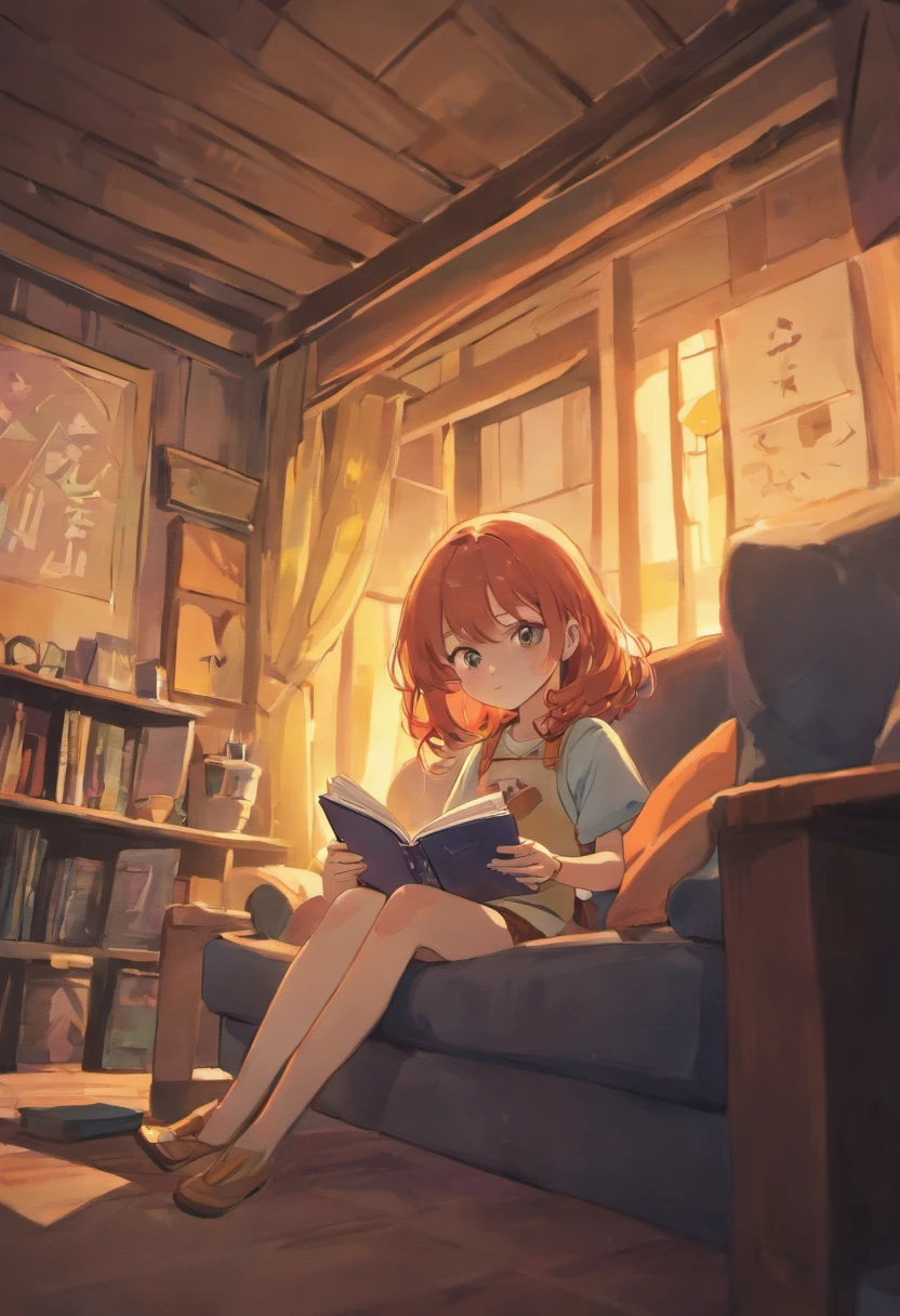 Animation illustration of Anna, a young girl, sitting on a cozy couch with her parents. Anna holds a book on archaeology, while her parents are engrossed in watching TV. The scene is filled with vibrant colors and a whimsical, playful art style. Draw inspiration from animation artists on ArtStation and add a touch of Disney animation magic to the scene.
Camera Shot: Medium shot
Camera Lens: Standard animation lens
View: Front view
Lighting: Soft, warm ambient light
Resolution: High definition