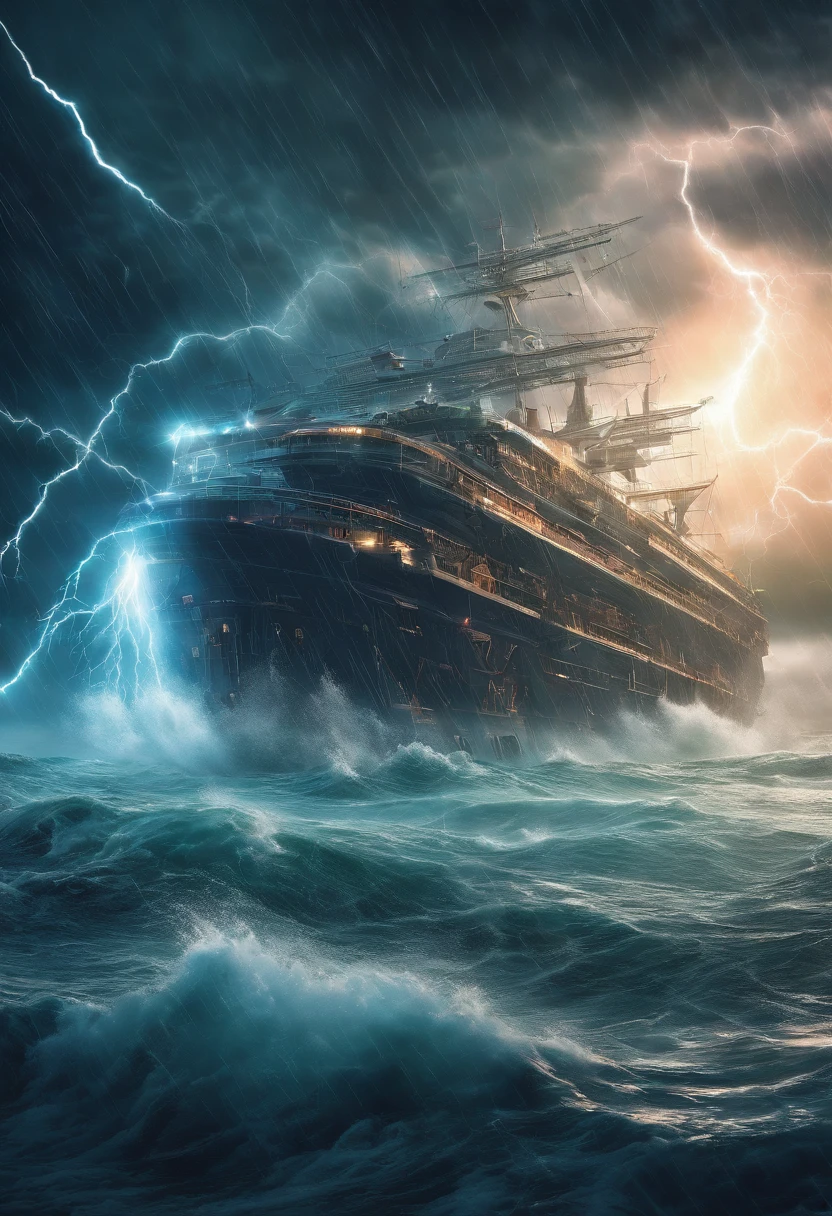 Ghost ship in a big storm with a lot of thunder and lightning Surreal digital art, Surreal art, surreal scene, Amazing lightning art, thunderstorm, by Alexander Kucharsky, during a storm, thunderstorm, sea with big waves, hyper detailed, hyper realistic, masterpiece 8k