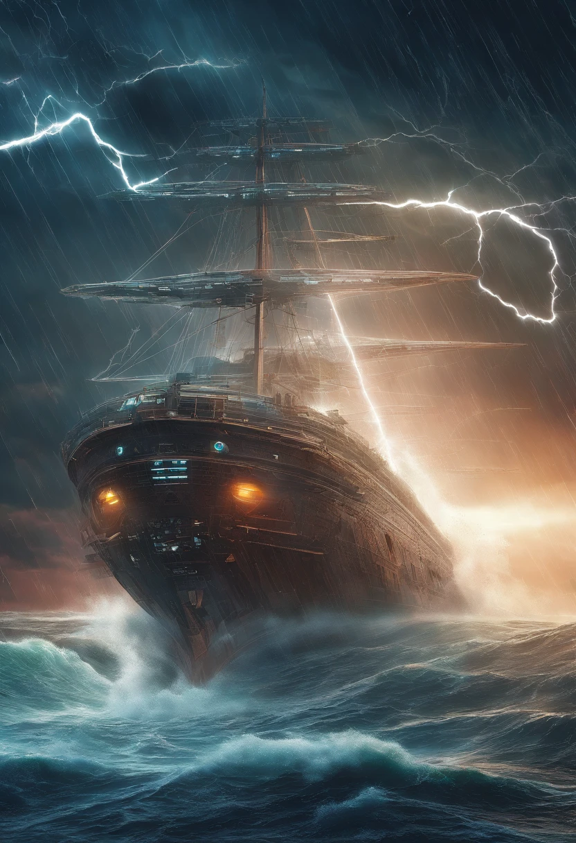 Ghost ship in a big storm with a lot of thunder and lightning Surreal digital art, Surreal art, surreal scene, Amazing lightning art, thunderstorm, by Alexander Kucharsky, during a storm, thunderstorm, sea with big waves, hyper detailed, hyper realistic, masterpiece 8k