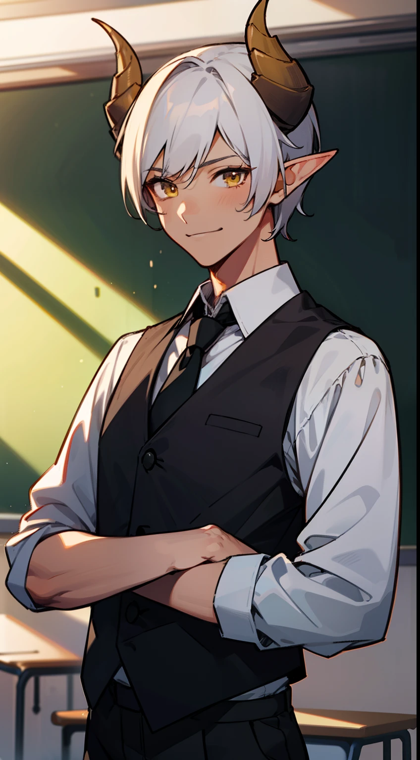 1boy,solo,happy,(tanned skin,medium body,male face),white student shirt,black tie,black vest,black pants,Short hair,white hair,yellow eyes,elves ears,black horns,classroom