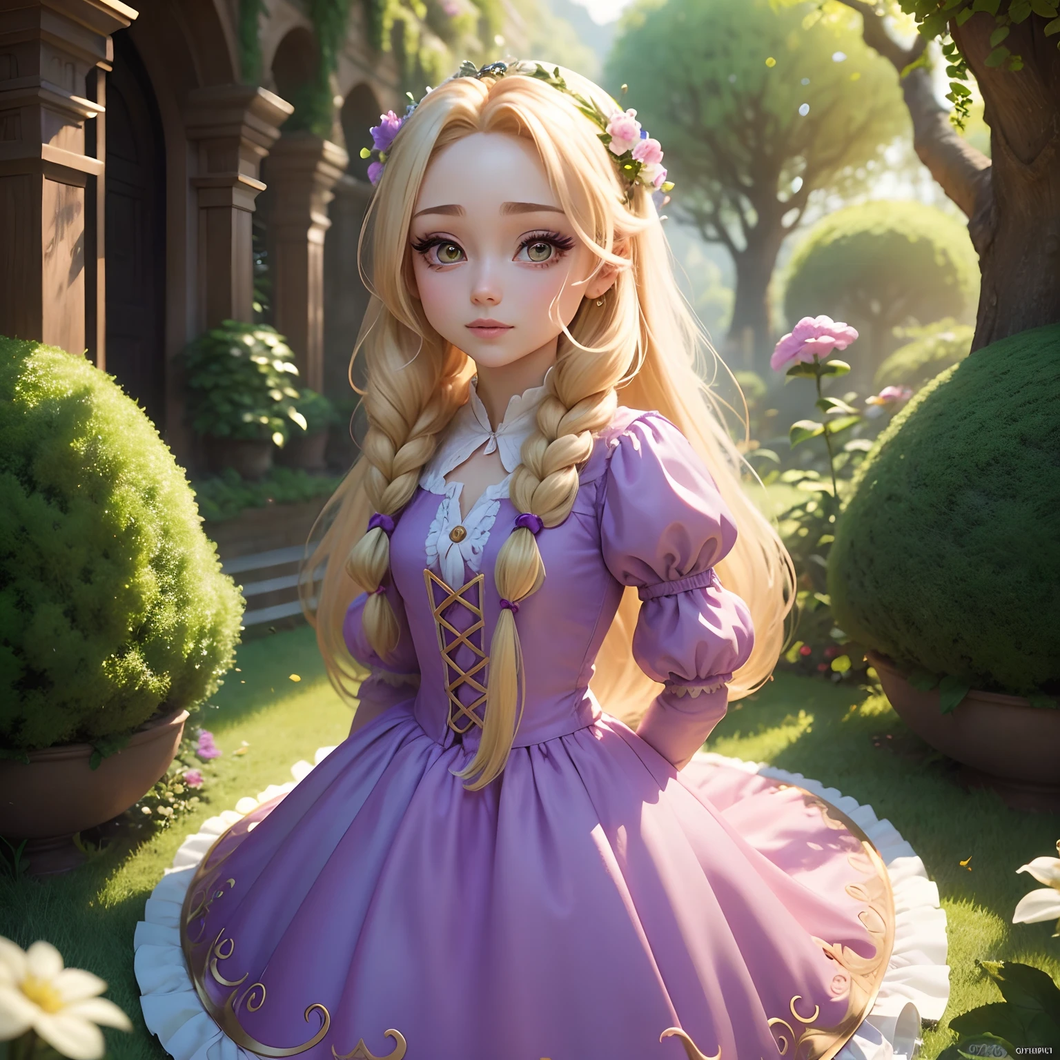 Rapunzel em um jardim encantado, estilo Disney, Chibi, olhos realistas, great quality, super realista, hiper detalhado, 10K.