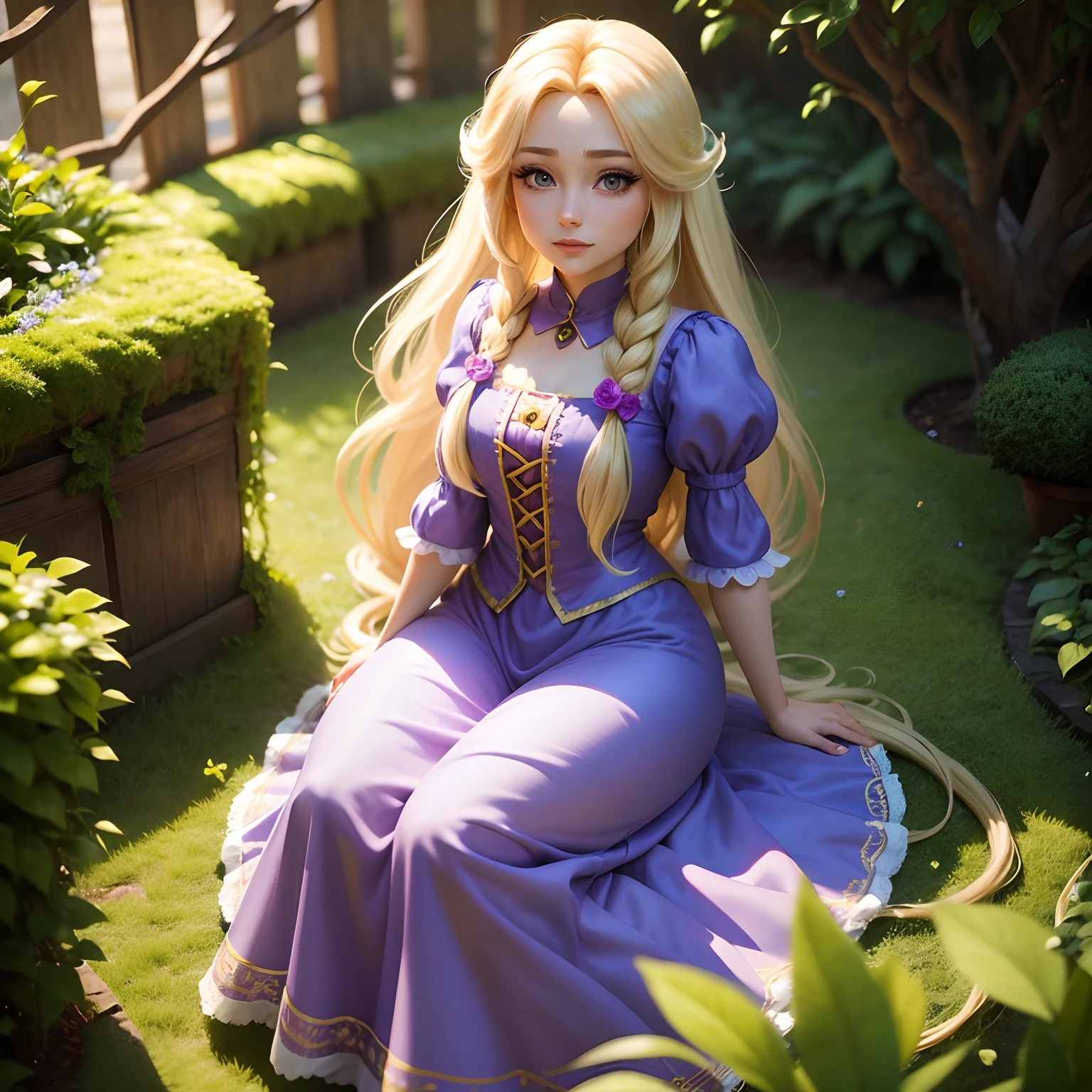 Rapunzel em um jardim encantado, estilo Disney, Chibi, olhos realistas, great quality, super realista, hiper detalhado, 10K.