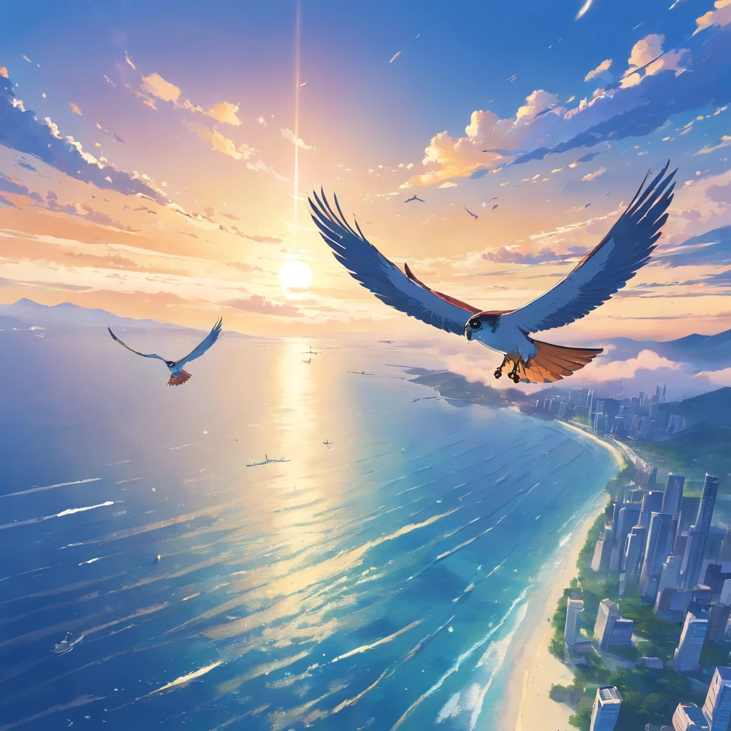 Falcons fly over the sea
