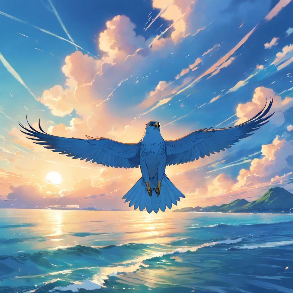 Falcons fly over the sea