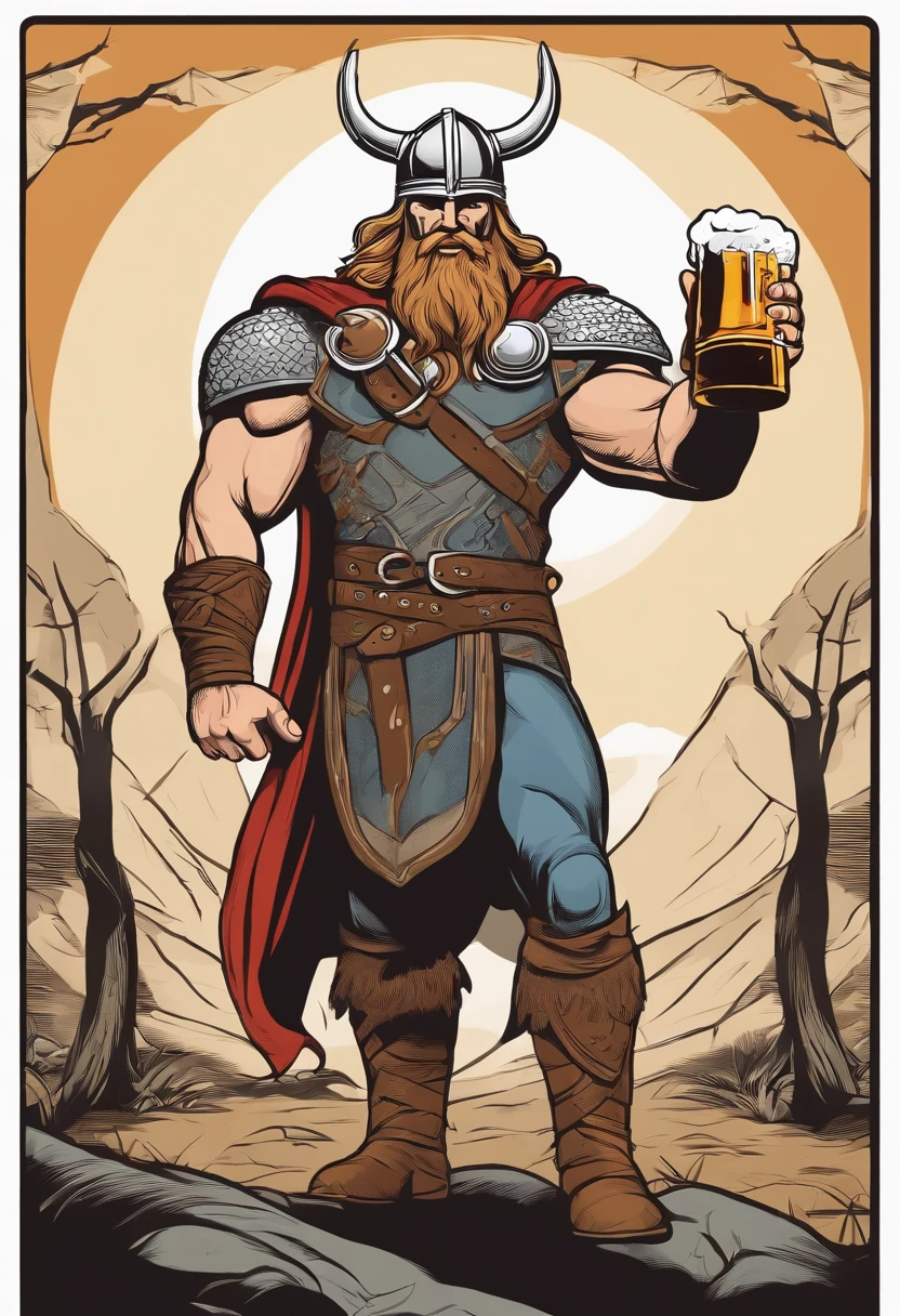 strong viking, drinking a beer, holding a beer mug, full body, comic book style, vector, thor inspired, no background, charismatic, full body, standing