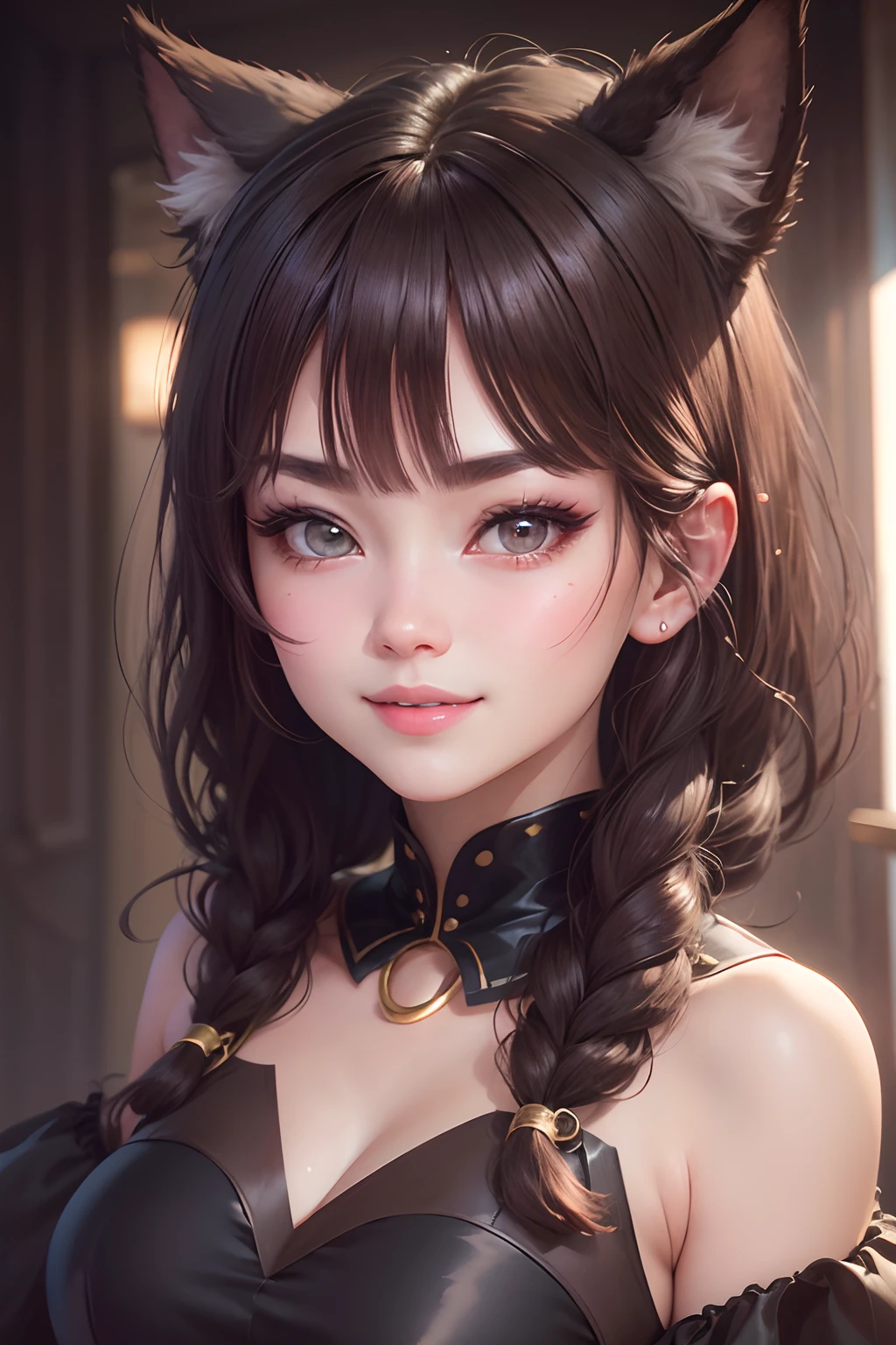 brunette color hair、whair、wince、long eyelasher、Solid round eyes、fakeanimalears、Light smile、Ear blush、Fang、Deep cleavage、ultra-realistic realism、shadowing、anaglyph、stereograms、Standing painting、angle of view、atmosphric perspective、8K、super detailing、Precise, Best quality at best