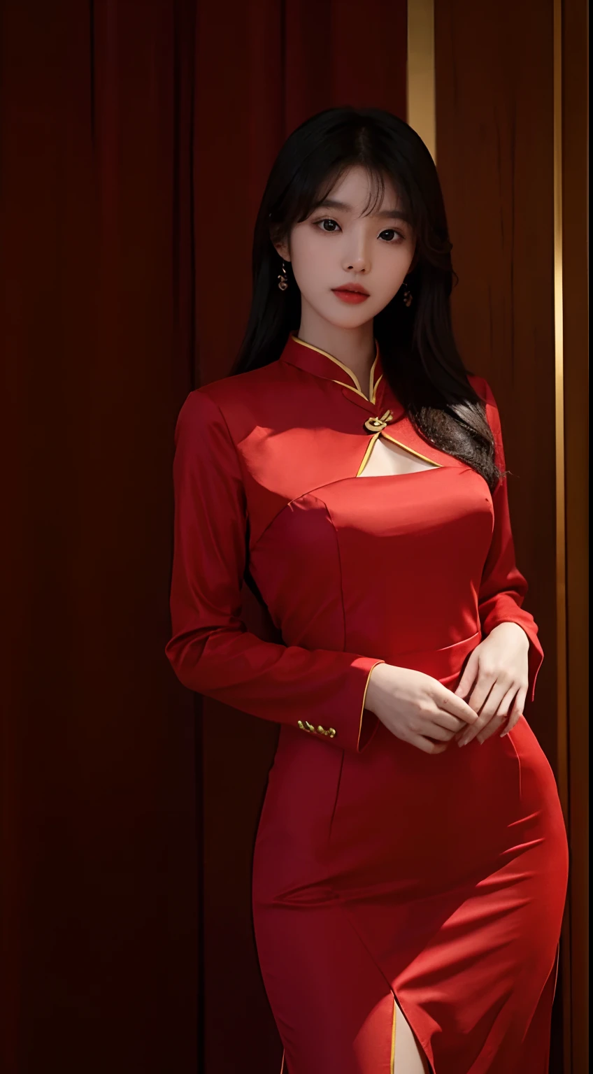 japanese mature, (A woman), 20 years old, (Wrinkles at the corners of the eyes:1.2), Medium breasts, A MILF, carismatic, Top 1 sexy, Chromo-white skin, view the viewer、ultra huge breasts、French high-split red cheongsam、ssmile、in a bedroom、Pear-shaped buttocks,Long legs,Perfect tall figure,The shoes are very beautiful