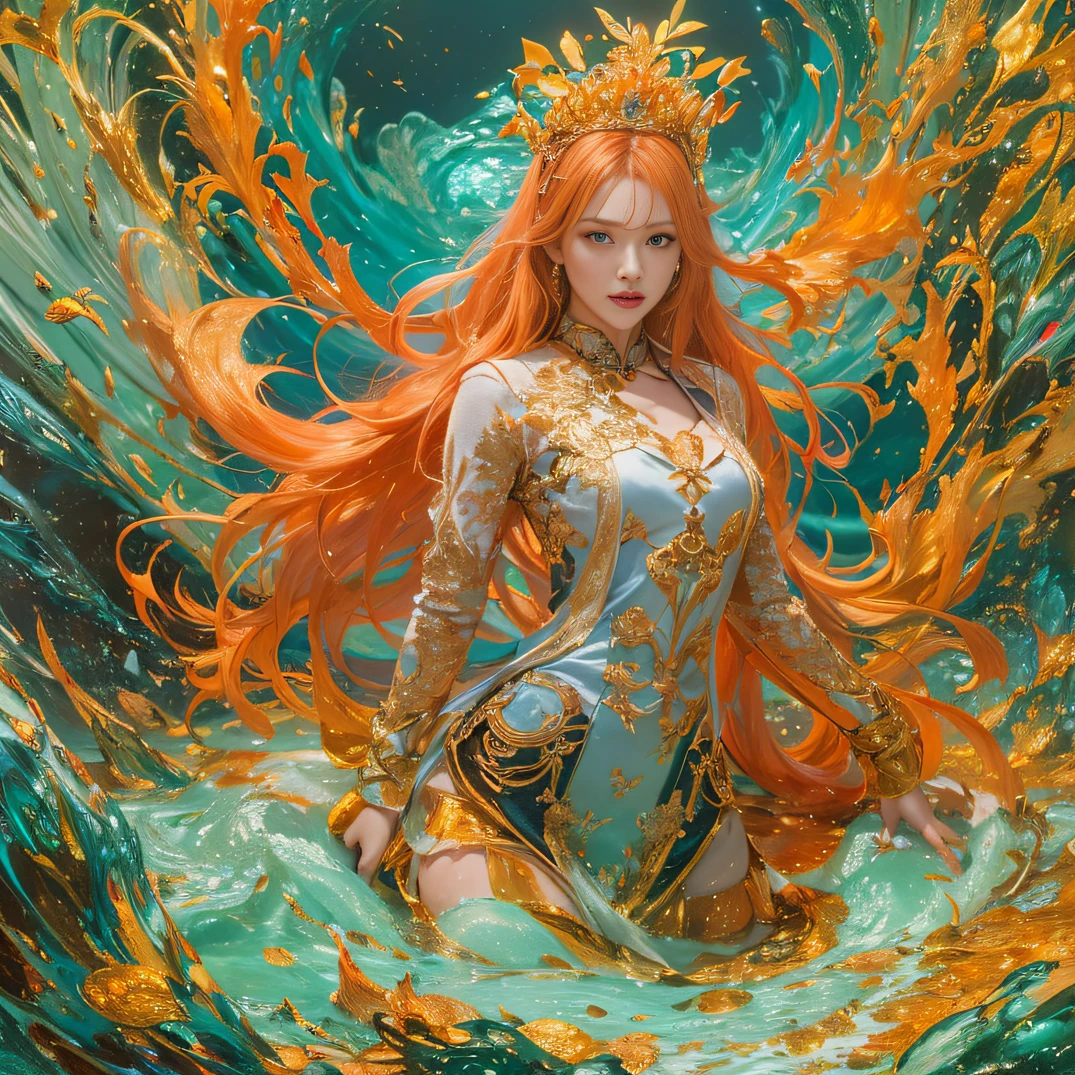 cyan colors,blue colors,enamel,agates,A flesh-colored world,Blood Girl 32K(tmasterpiece,k hd,hyper HD,32K)Long flowing bright orange hair,blood pond,zydink, a color,Grumpy (Post-halo), (Linen scarf), Combat posture, looking at the ground, long whitr hair, Floating bright orange, Fire cloud pattern gold tiara, Chinese long-sleeved gold silk burgundy garment, (Abstract metaverse splash:1.2), white backgrounid,Lotus vitality protector(realisticlying:1.4),Bright purple hair,Smoke on the road,The background is pure, A high resolution, the detail, RAW photogr, Sharp Re, Nikon D850 Film Stock Photo by Jefferies Lee 4 Kodak Portra 400 Camera F1.6 shots, Rich colors, ultra-realistic vivid textures, Dramatic lighting, Unreal Engine Art Station Trend, cinestir 800,A girl with long flowing bright orange hair