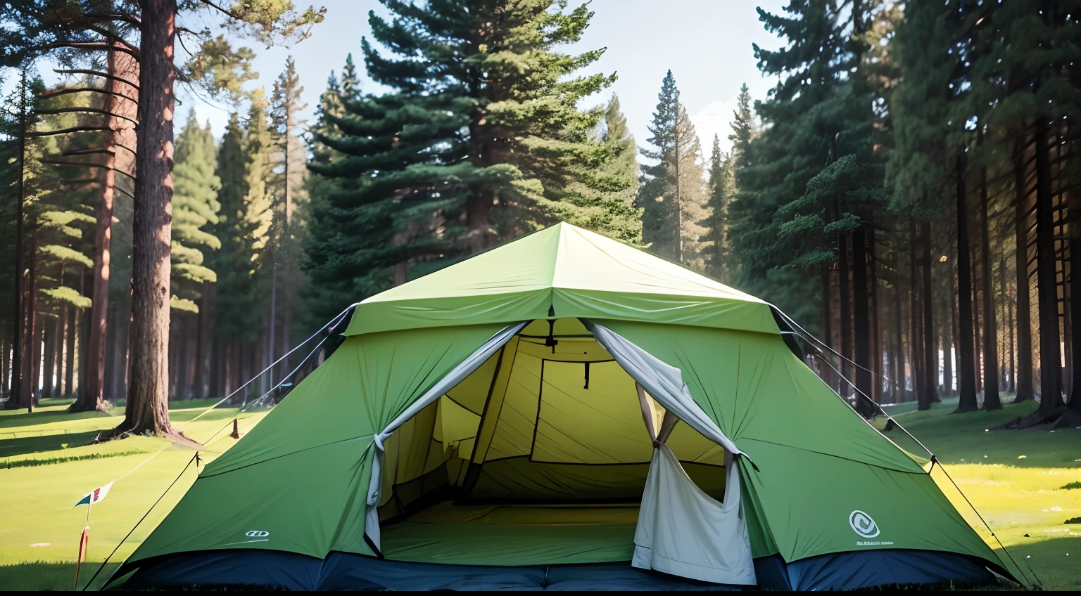 Three scout campers working together to set up tents. They are focused, determined, and cooperative. The environment is serene, surrounded by towering trees and a gentle breeze. The mood is filled with a sense of adventure and excitement. They use their expertise to pitch the tents with precision and efficiency.