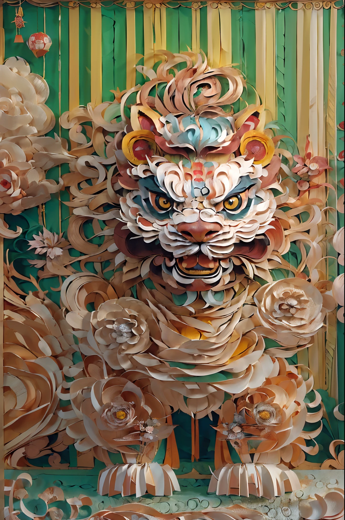 (illustration:1.3,paper art:1.3, Quilted paper art:1.2),China-style,Lion dance girl,highly detailed surreal vfx,Smudge,Faraway view,super-fine,ultra - detailed,high qulity,8K ,oc rendered,dynamic viewing angle