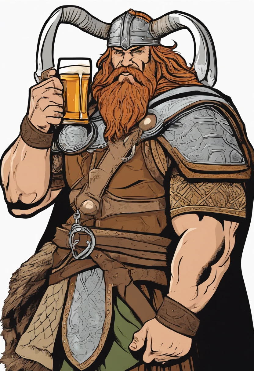 strong viking, drinking a beer, holding a beer mug, full body, comic book style, vector, thor inspired, no background, charismatic, full body, standing