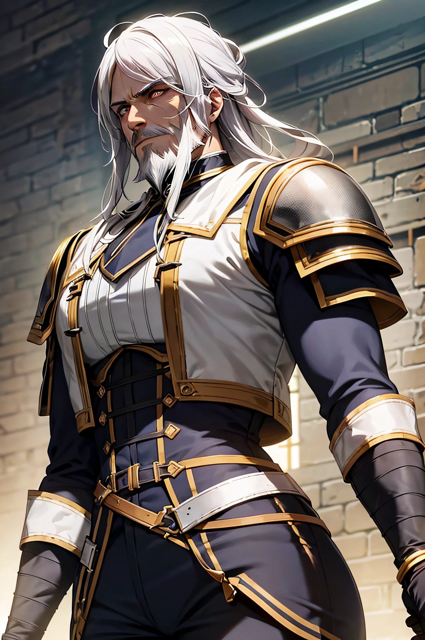 geraldoW3
white hair
facial hair
beard
scar on face
scar across eye
armor
shoulder armor
chainmail
weapon on back
male focus
medallion