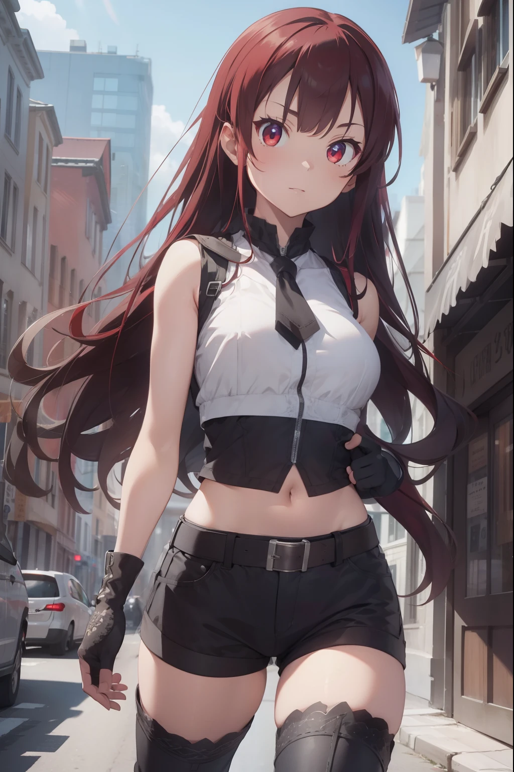erisgreyrat, eris greyrat, ahoge, hair between eyes, long hair, (red eyes:1.5), red hair, sidelocks, (large breast:1.2),
BREAK bare arms, bare shoulders, belt, black footwear, black gloves, black shorts, black thighhighs, boots, crop top, fingerless gloves, gloves, midriff, navel, shirt, short shorts, shorts, sleeveless, sleeveless shirt, stomach, thigh boots, thighhighs, white shirt, wing collar
BREAK looking at viewer,
BREAK outdoors, city,
BREAK (masterpiece:1.2), best quality, high resolution, unity 8k wallpaper, (illustration:0.8), (beautiful detailed eyes:1.6), extremely detailed face, perfect lighting, extremely detailed CG, (perfect hands, perfect anatomy),