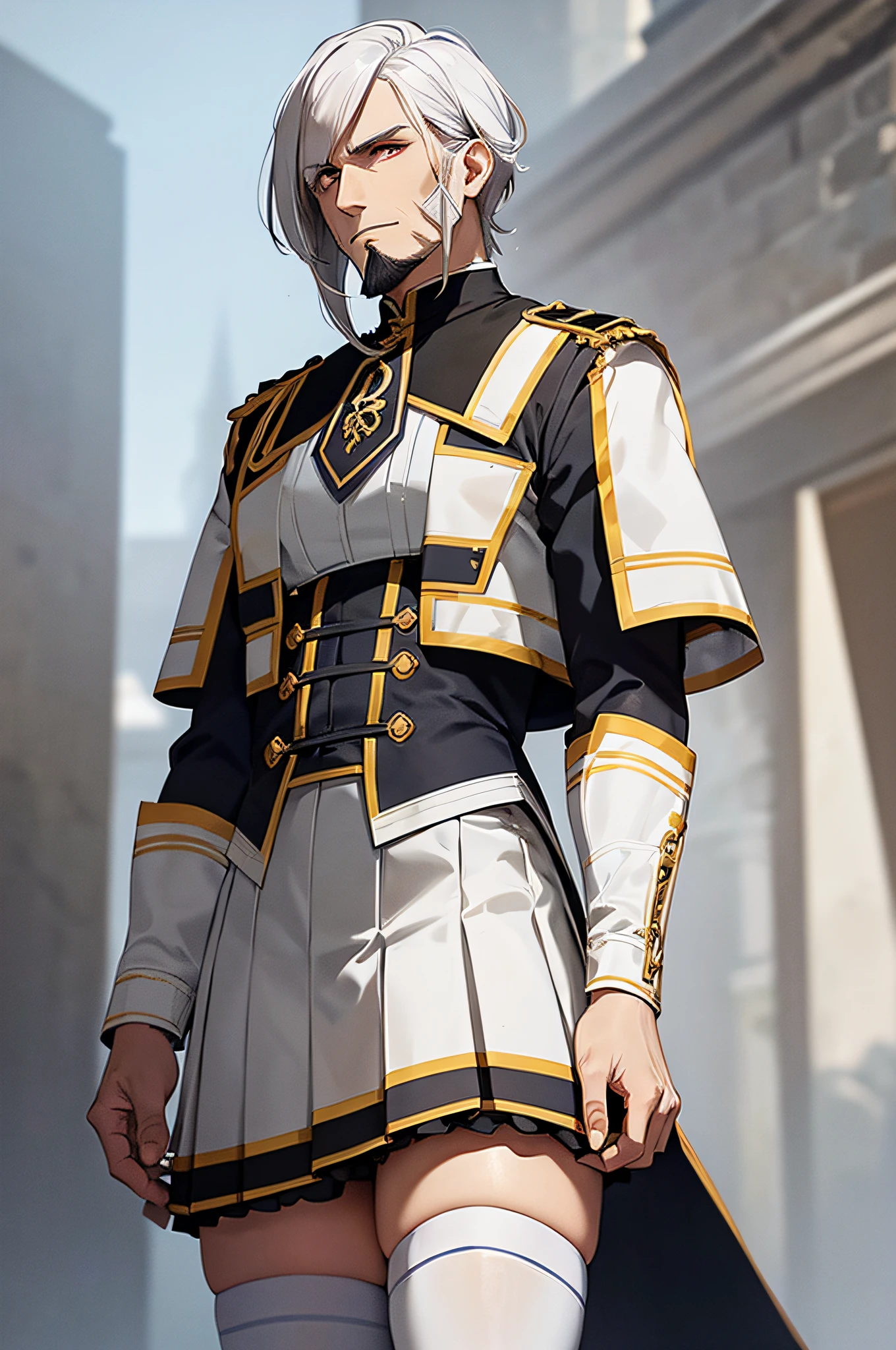 necktie white skirt uniform white thighhighs,geraldoW3
white hair
facial hair
beard
scar on face
scar across eye
armor
shoulder armor
chainmail
weapon on back
male focus
medallion