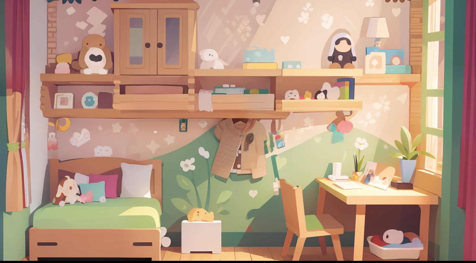 Model Room、No person、Stable composition、eye view、s room、Small desk、Small cabinet、plushies、Natural Color