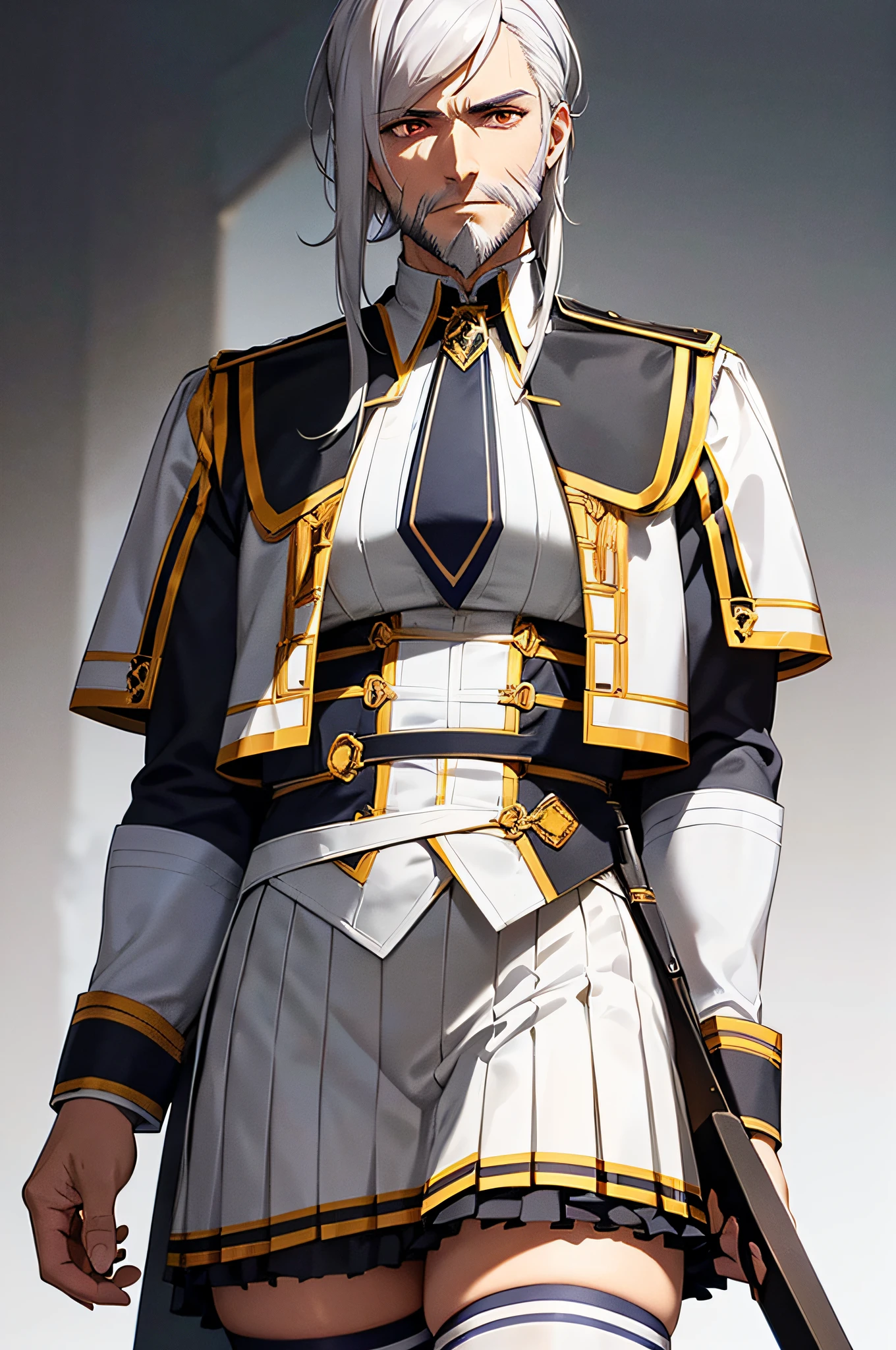 necktie white skirt uniform white thighhighs,geraldoW3
white hair
facial hair
beard
scar on face
scar across eye
armor
shoulder armor
chainmail
weapon on back
male focus
medallion