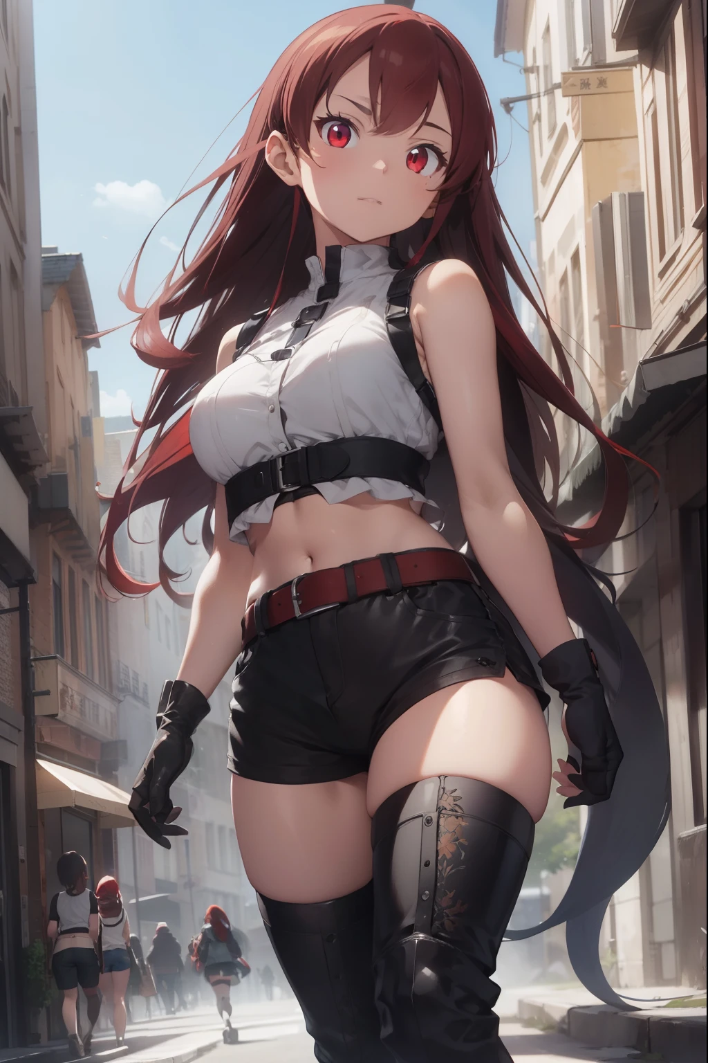 thynasha, 18yo girl Dark blue hair,long hair,ponytail,hair between eyes,bangs,outdoors,cityscape,standing,armor best,assault rifle,camouflage,holding weapon,load bearing vest,saide backpack,full body,best quality,masterpiece,highres,official art,extremely detailed cg unity 8k wallpaper(black beret, black jacket, open clothes, cleavage, midriff, black medium skirts, black thighhighs, thigh strap, fingerless gloves, single glove:1.2), Photo,sharpness, F1.6 lens,hyper-realistic textures,spectacular light textures, Cinestil 800 Fashion Mechanics,(((Beautiful woman with left leg restrained , hand hung by chains))),Appearance,Beautiful girl with accentuated slender abs: 1.1,six-pack abs: 1.1, Bust Botox,Standing on tiptoe, long legs,Long brown hair fluttering in the wind,Brown hair, Long hair, Female Warrior Costume,(No panties,No bra),(tacticul battle fashion,elbow and knee tacticul battle fashion, battle glove: 1.1),((cute batre costume)),The belly comes out and the navel is visible,Thin sheer costume, combat gloves,shredded costumes,cyber long combat boots with golden knee pads,Anatomical,(futuristic sci-fi battle fashion, new elbow and knee cyberpads, new cyberlong boots, new cybergloves: 1.1),(tied perfectly by iron chain), Restraint, Slave, collars, contempt, (Chained), 4 chains hung from heaven, Metallic shackles and fetters, wet crotch clearly visible,((Hands are restrained above the head)), the neck is chained,Chain from left knee to heaven,Chained by rusty iron chains,((the tip is protruding, areolas protruding,The shape of the pubic harearea is clearly visible:1.2)),Sweating,Wet,Wet crotch,Wet thighs,Junkyard, Realistic, (cute, perfect clothes, skimpy clothes, cute: 1.3) ,Vast miritary base in us,((wide mirtary hospital with summer sunlight)), peeling ceilings, Rebar between, Realistic material details, Extreme details, Ultra-realistic materials,narrow waist,(Sexy belly,Constricted hips, beautiful medium ass:1.5),(with sparkling eyes and a contagious smile:0.9)